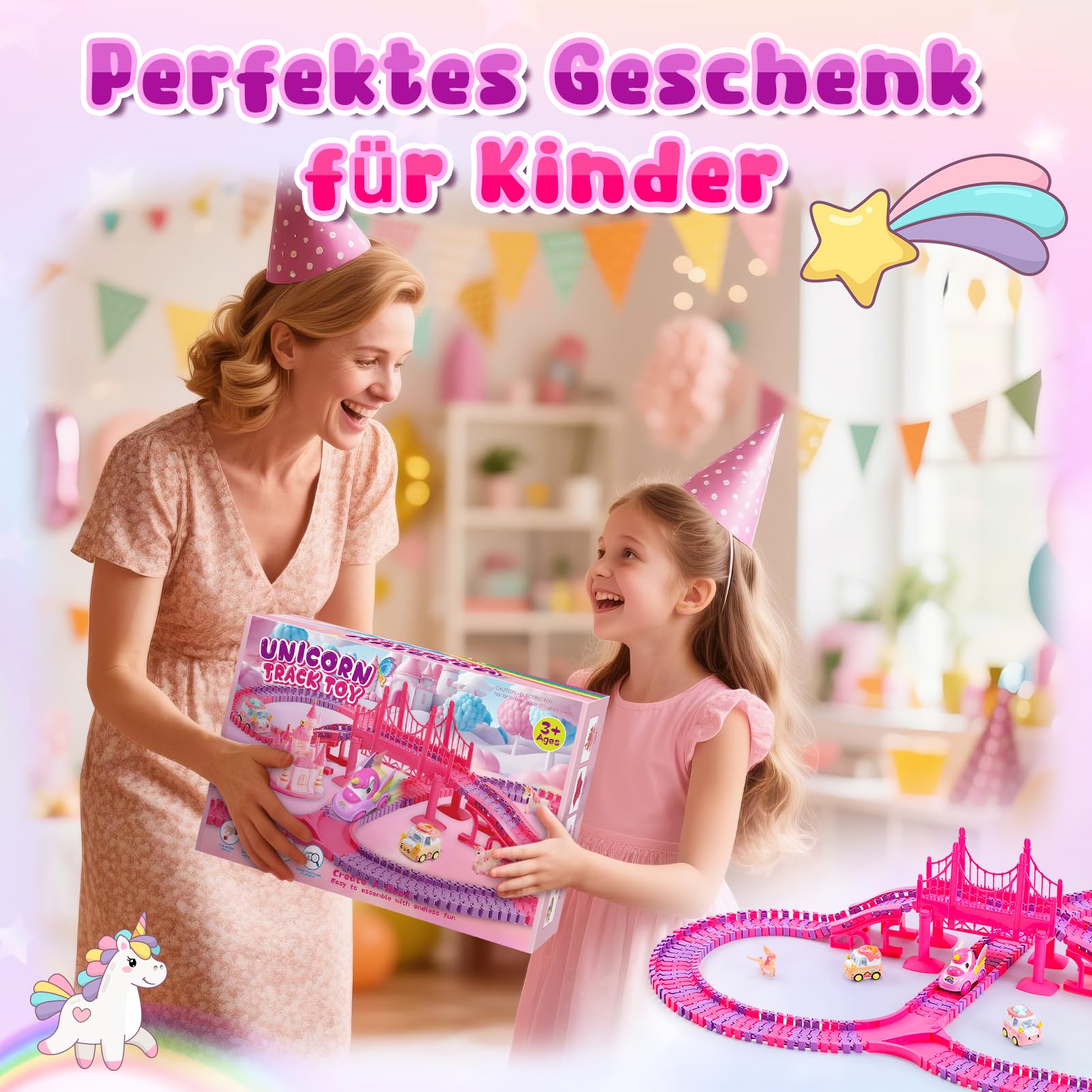 iKidiki Geschenk für Mädchen 3 4 5 6 7 8 Jahre Geburtstag, Rennstrecke Auto Kinder Einhorn Spielzeug Mädchen 3 4 5 6 7 8 Jahre Rennstrecke Elektroauto Spiel Mädchen 3-8 Jahre elektrischer Zug Kinder