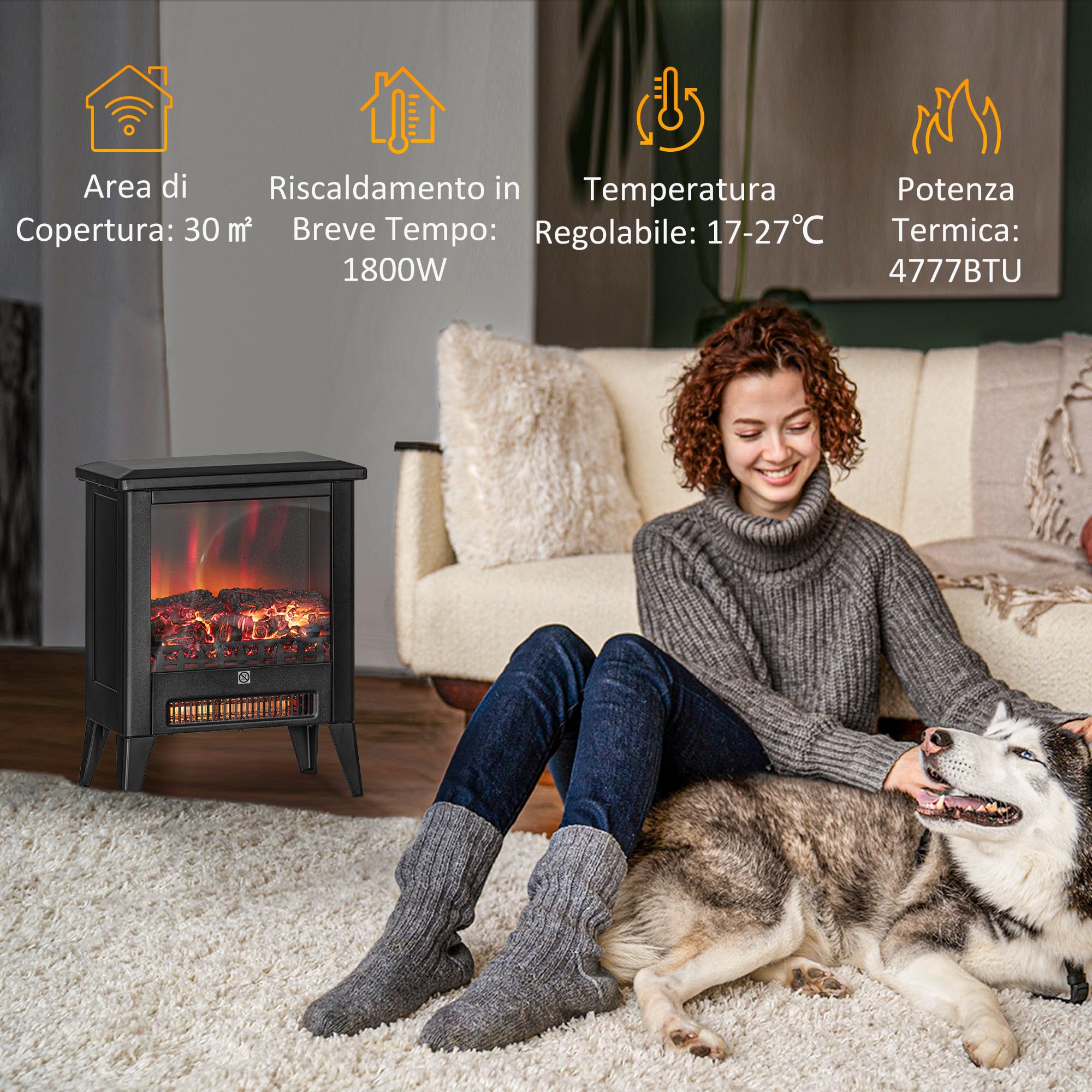 HOMCOM Camino Elettrico da Terra con Effetto Fiamma 3D a 3 Intensità, 1800W Caminetto Elettrico con Spegnimento Automatico, Termostato, Risacaldamento Regolabile per Soggiorno, 30㎡, Nero