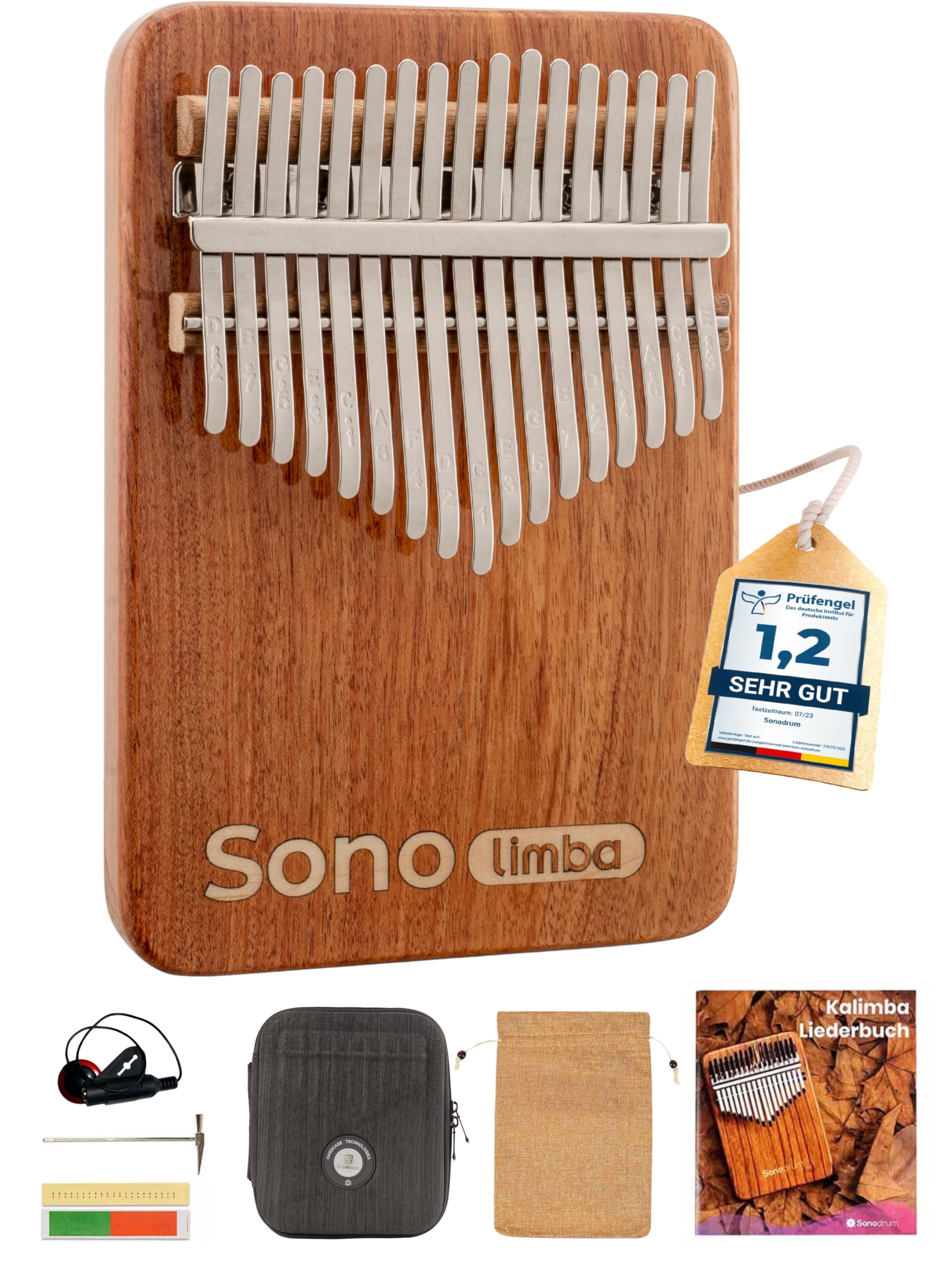 Kalimba "Sonolimba" mit 17 Schlüsseln in C - Dur aus Korallenholz. Daumenklavier inkl. Set mit Liederbuch, Schutztasche, Stimmhammer und weiteres. Kalimba Instrument für Kinder und Erwachsene