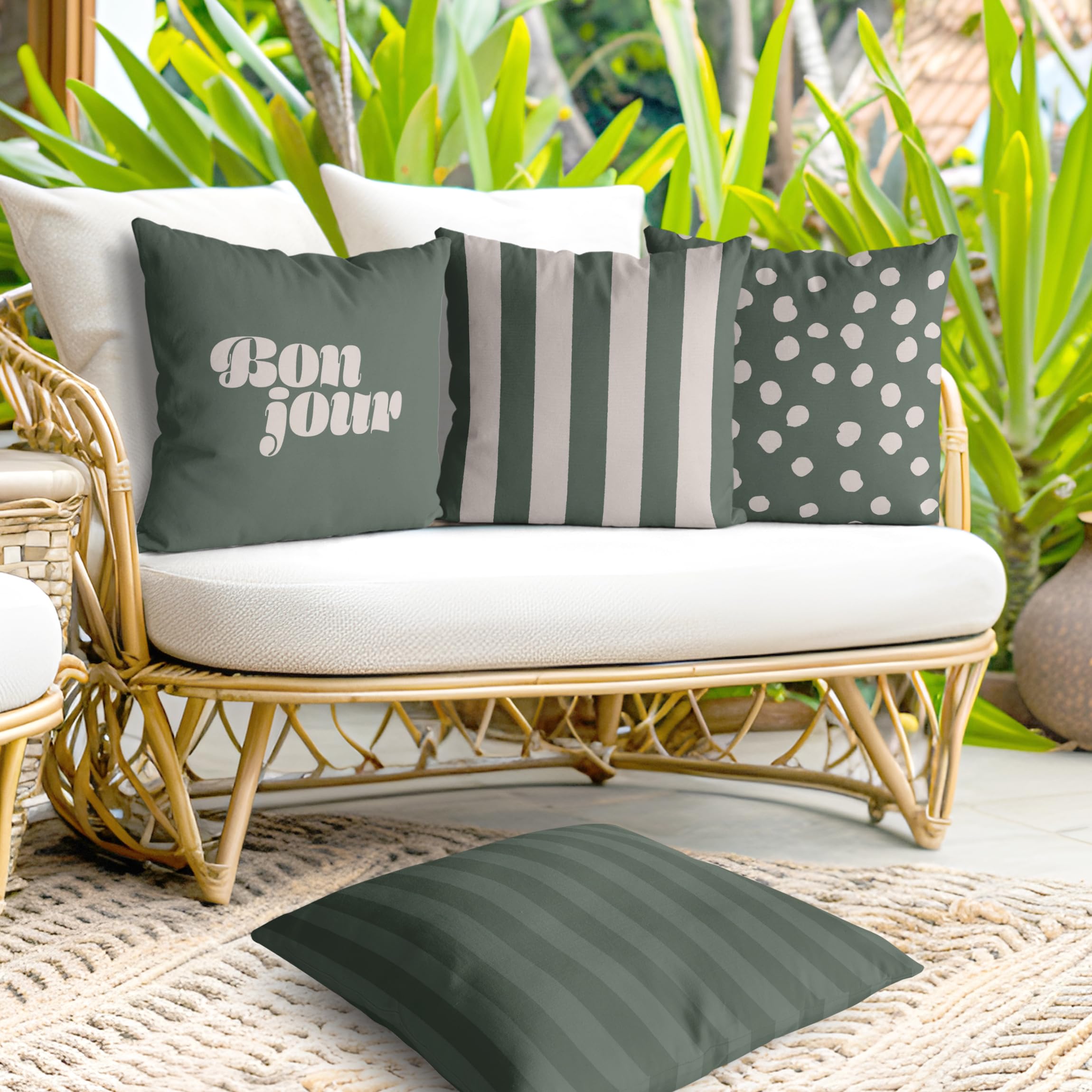 Dekokissen 4-teilig draußen/Outdoor waschbar Sprüche mit Füllung Zierkissen - Made in Germany - Punkte Bezug grün Sofakissen Abstrakt Outdoor Sofa Bett 1066