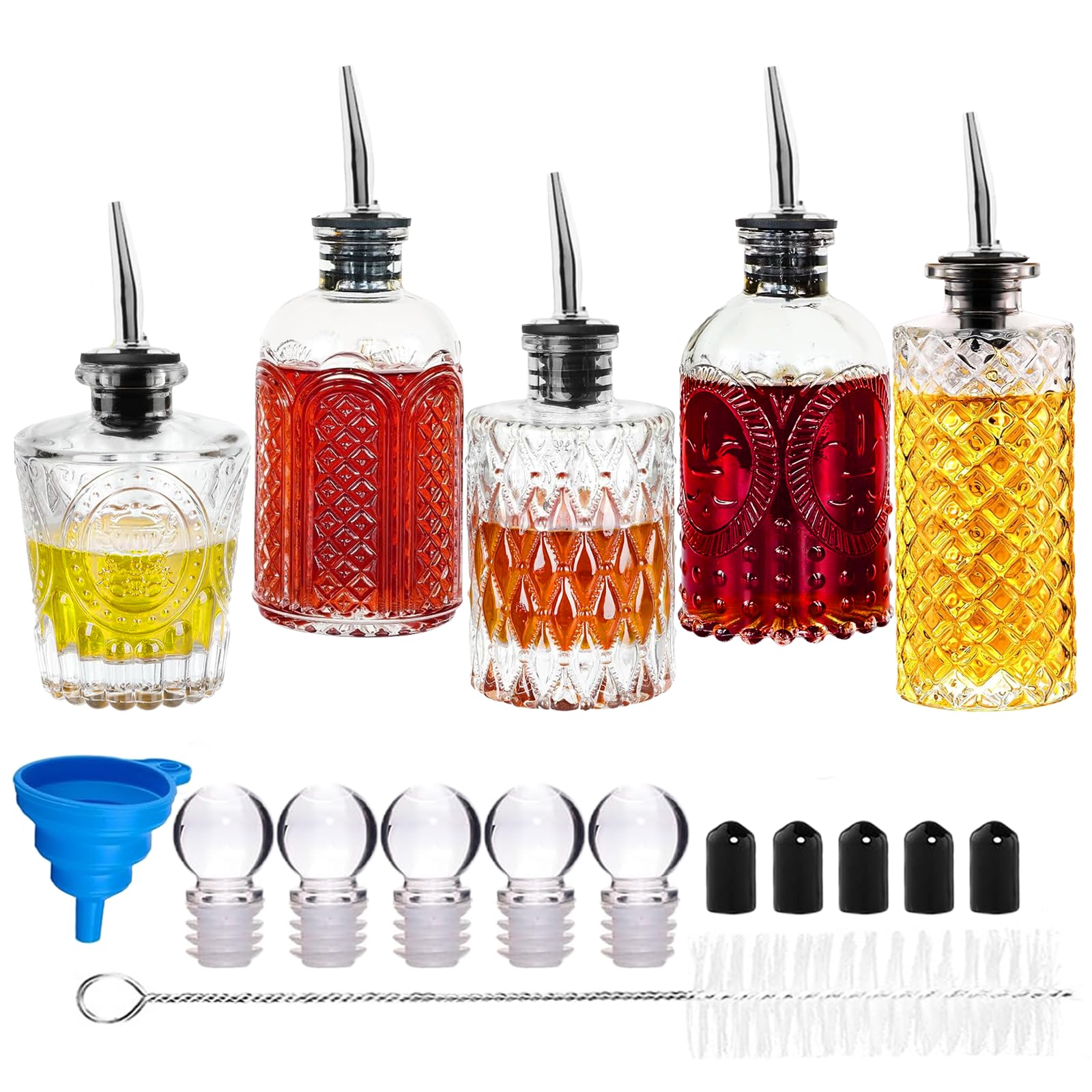 Syrup Dispenser Bottles Set - 5 Pack Simple Syrup Bottles with Metal Pour Spout and Dust Caps,For Syrups,Honey,Olive Oil,Condiments,Syrup Dispenser for Coffee Bar with Labels