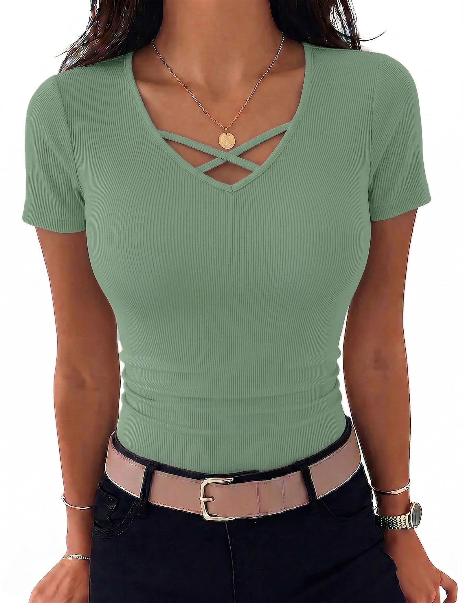 Aottori Tshirt Damen V-Ausschnitt Kurzarm Sommer T-Shirt Basic Gerippt Oberteile Stretch Elegant Top Einfarbig Slim Fit Tee Shirts