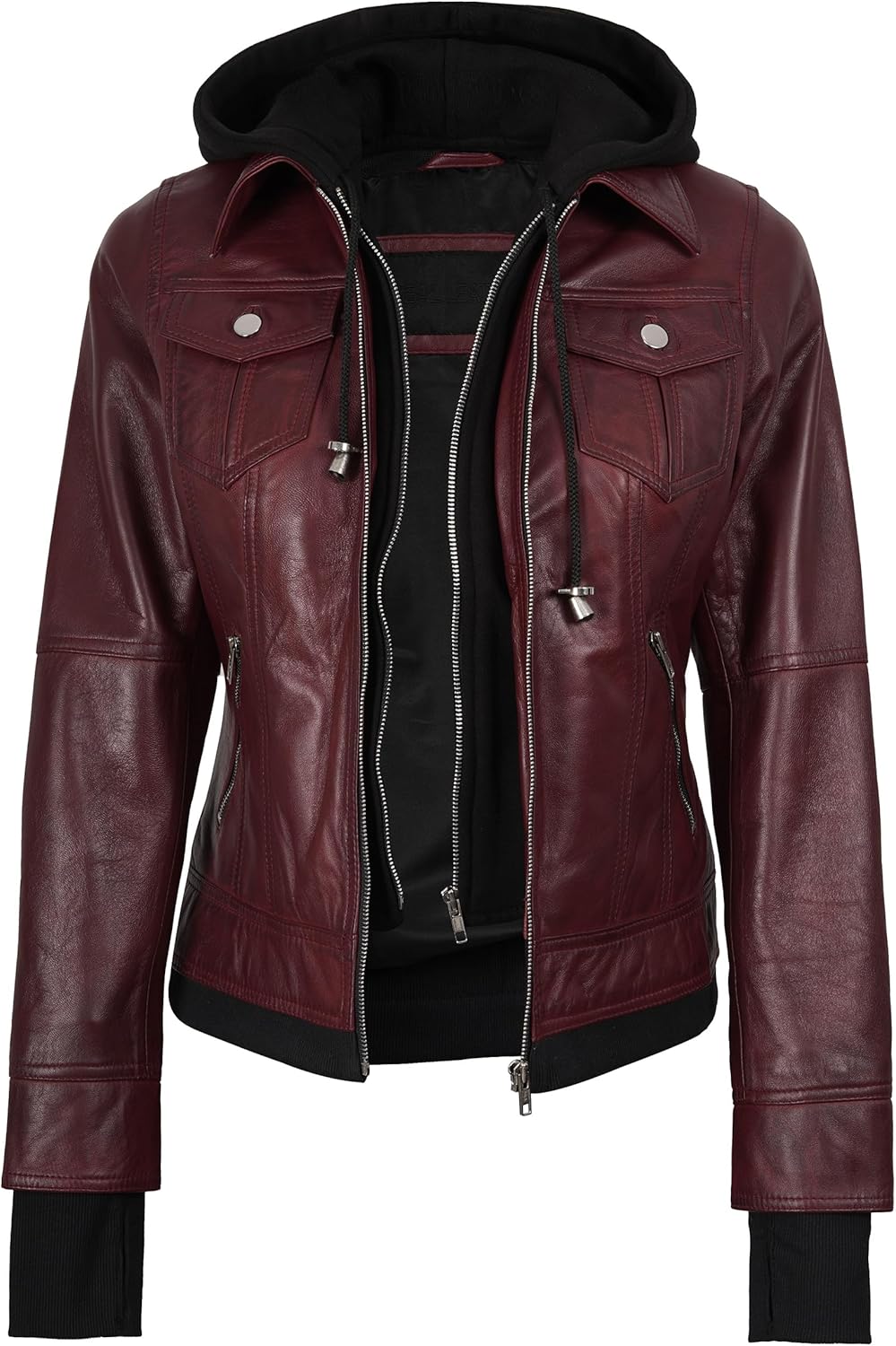 fjackets Hooded Leather Bomber Jacket Women - Real Lambskin Womens Leather Jacket with Removable Hood - Image 3