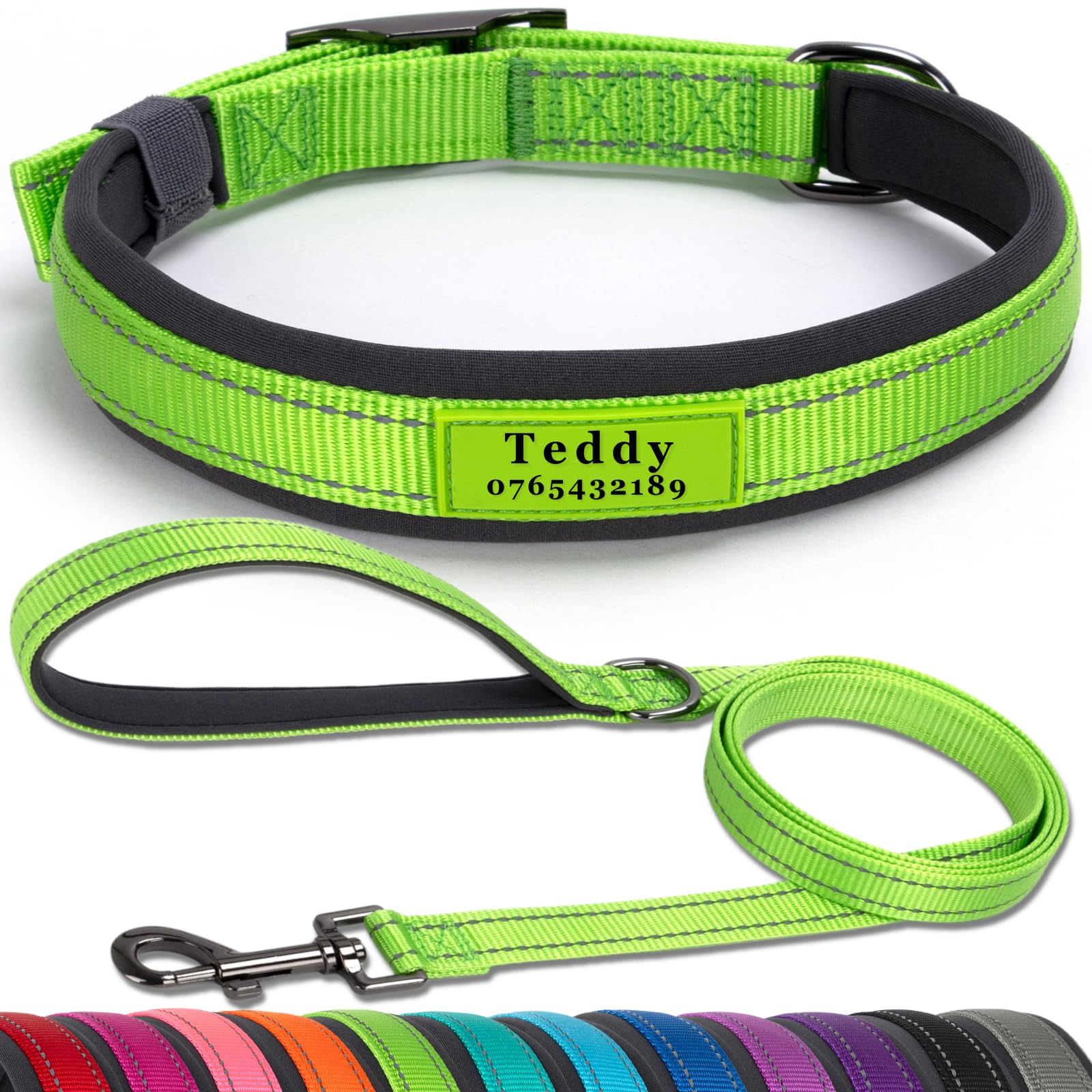 SEOUGEE Personalised Dog Collar and Lead Set | Durable Metal Buckle | Ultra Wide Soft Neoprene Padded | Adjustable Reflective Dog Collar for Small Medium Dogs (M, Green Set 37-47cm)