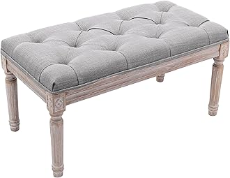 chairus Fabric Entryway Bench with Button Tufted Seat and Rustic Wood Legs, Vintage Bedroom Bench End of Bed, Padded Extra Seating Bench for Living Room Office Studio Hallway, Grey