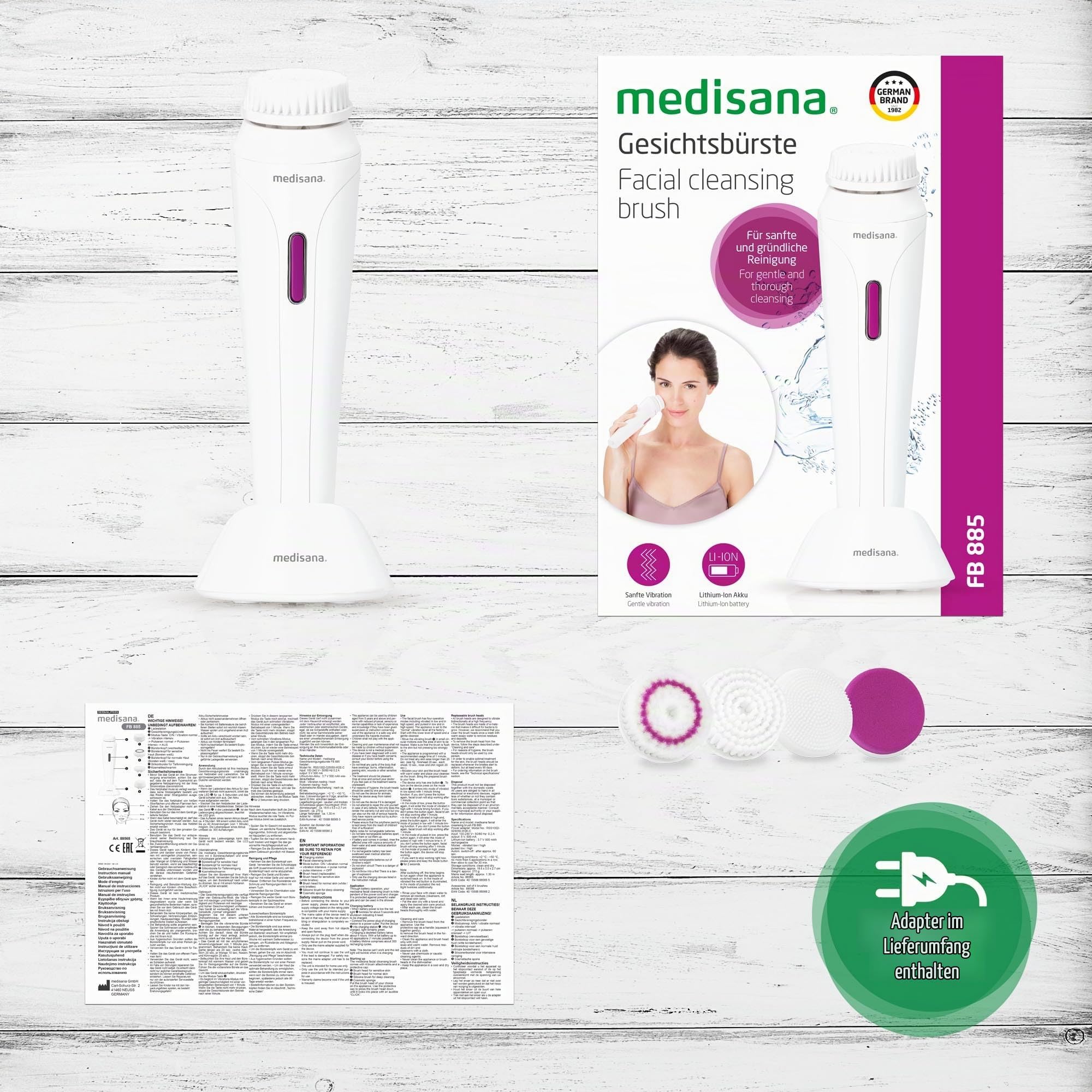 medisana FB 885 elektrische Gesichtsreinigungsbürste inkl. 4 Aufsätze | für sanfte und porentiefe Hautreinigung, mit praktischem Hautzonen-Timer, für jeden Hauttyp, Abschaltautomatik, Weiß