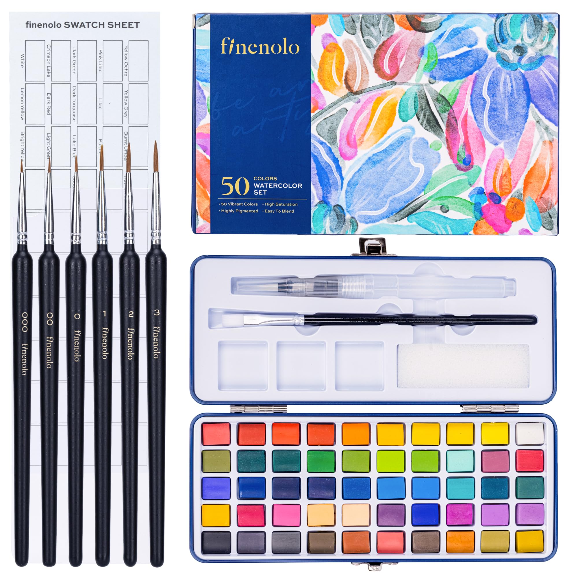finenolo Solid Watercolor 50 Colors Paint Set, Transparent Watercolor Paints for Beginners to Experts, Sketching, Coloring, Painting, Portable and Convenient, Ideal for Students, Girls, Great Gift Set of 50 colors