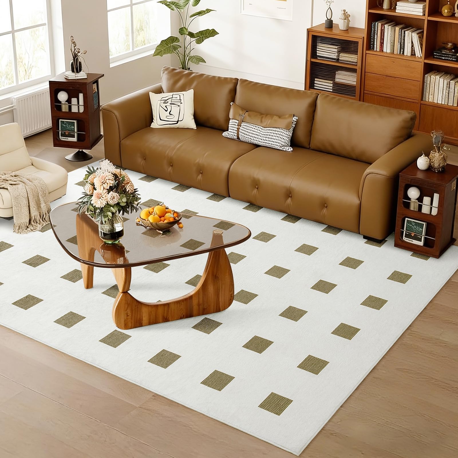 Photo 1 of B BENRON Premium 8x10ft White and Beige Checkered Rugs Extra Large Living Room Bedroom Plaid Rug Machine Washable Soft Throw Carpets for Nursery Kids Girls
