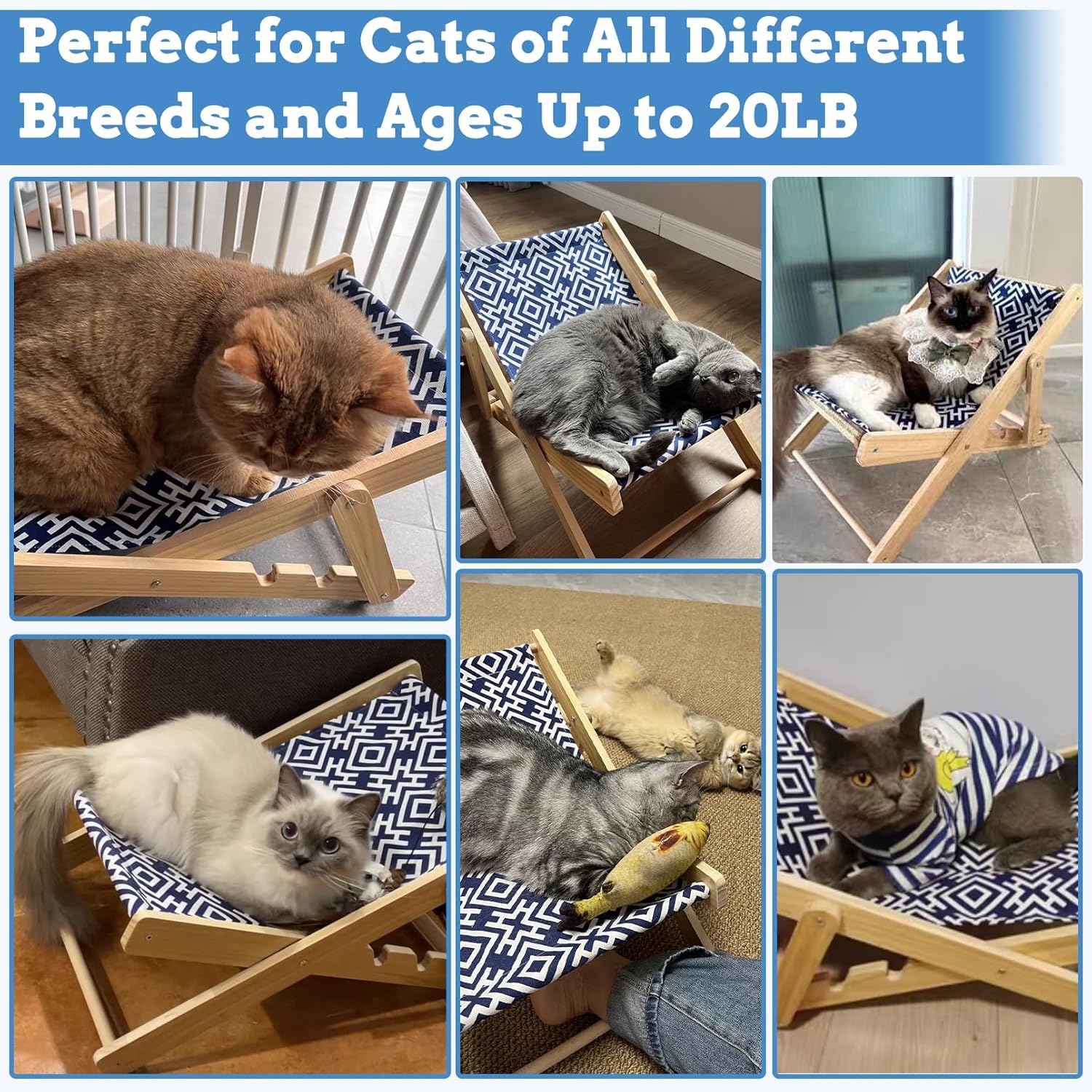 أرجوحة قطط، أثاث قطط، كرسي شاطئ صغير للقطط، سرير قطط للاسترخاء مع خدش سيزال متين ولا يتساقط، كرسي قطط خشبي للقطط للأماكن الداخلية (قماش، أزرق كحلي)