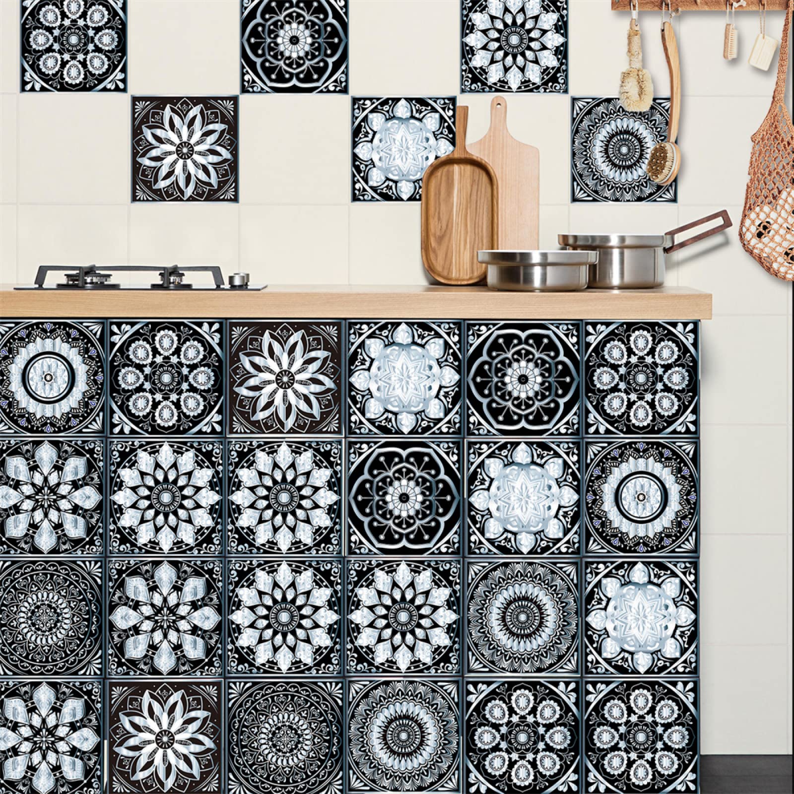 LMYSXAOZ Tile Stickers Black Mandala Flower Peel and Stick Wallpaper Self Adhesive Wall Tiles Home Decoration DIY on for Kitchen Bathroom Stairs 10 Pcs(15x15cm)