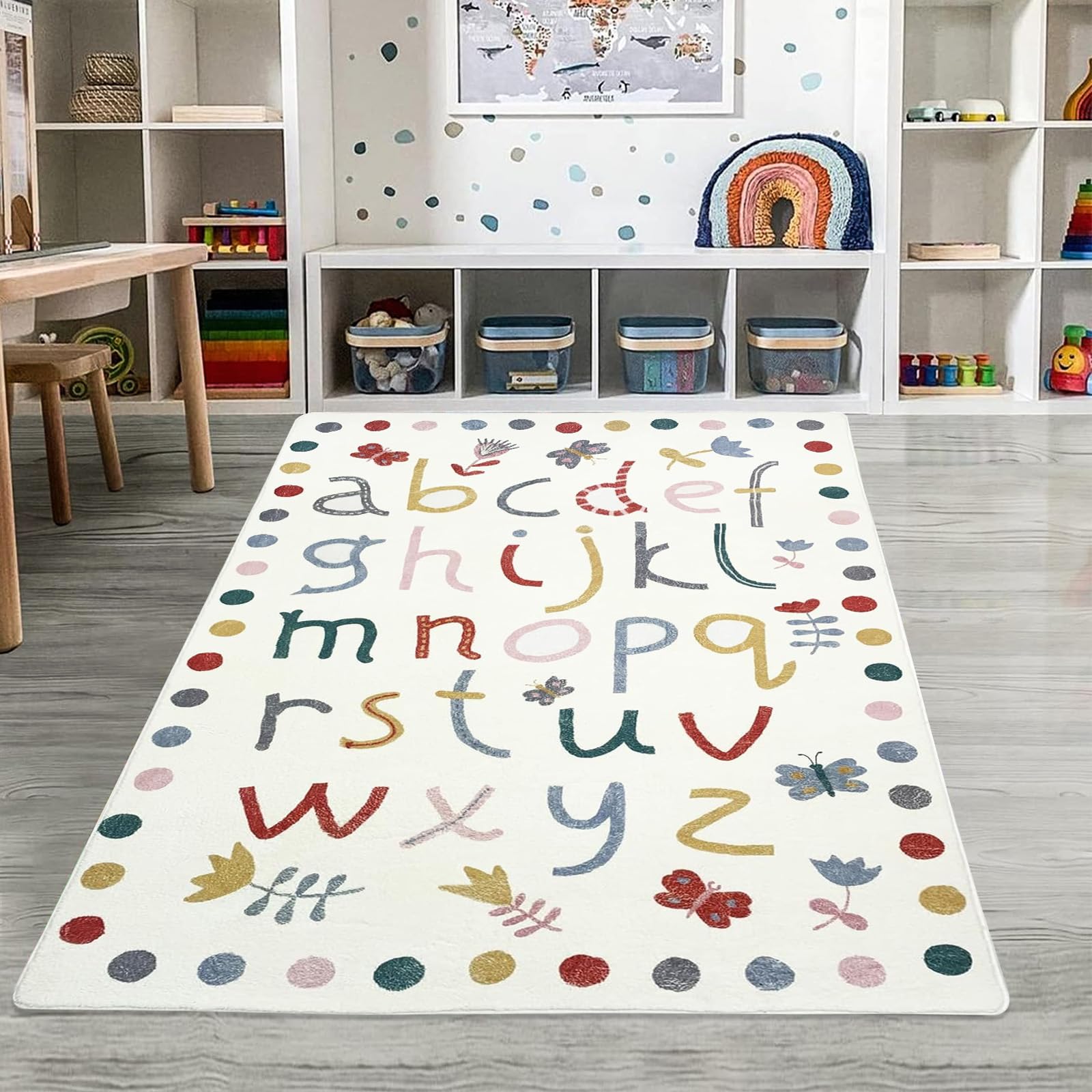 USTIDE 5x7 Colorful Alphabet Letter Fluffy Wool Rug for Kids Bedroom, Machine Washable Play Mat Non Slip for Children Playroom Classroom Decor