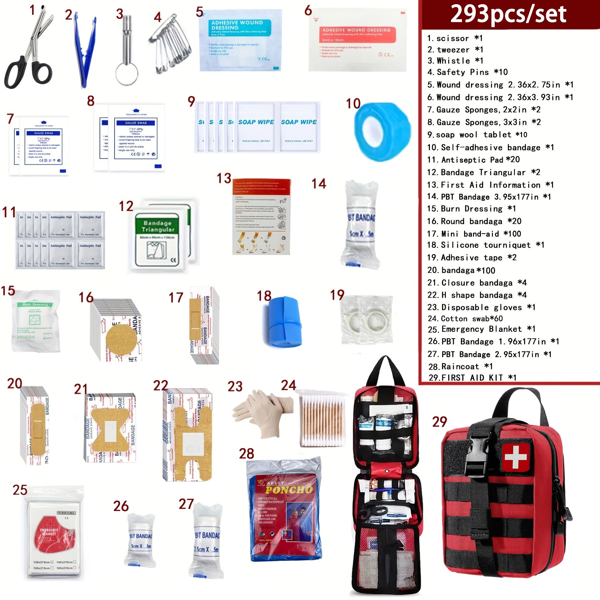 Juego de 293 bolsas Molle de primeros auxilios, kit de supervivencia de emergencia adecuado para actividades al aire libre, hogar, escuela, senderismo, viajes en coche y camping, artículos esenciales