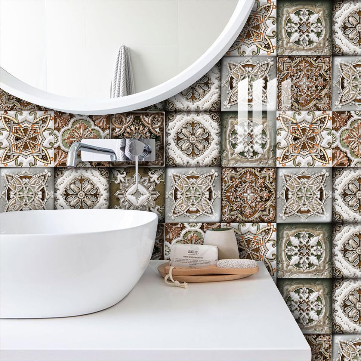 Tile Stickers 10x10 cm Brown Green Pattern Self Adhesive Tiles Vinyl Stick on Tiles Waterproof Oil-Proof Stick on Tiles Kitchen Bathroom Decoration Self Adhesive Wall Tiles (10 Pcs)