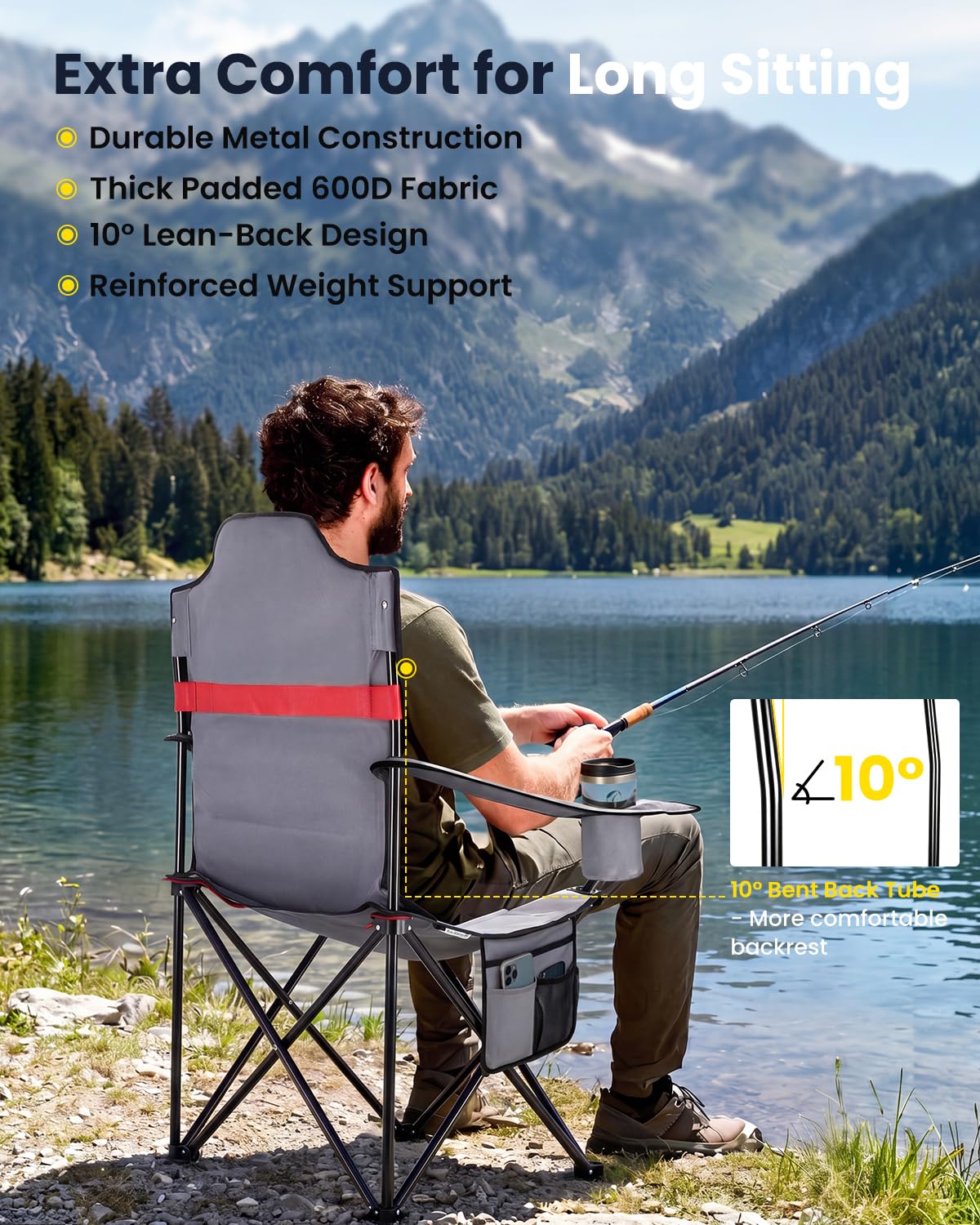 YEAUPE PRO Campingstuhl Faltbar Bequem Gepolster 2er Set, 150 KG Belastbar | Luxus Camping Stuhl mit Hochlehner, Breiter Sitz | Angelstuhl, Karpfenstuhl, Klappstuhl Camping Chair, XL
