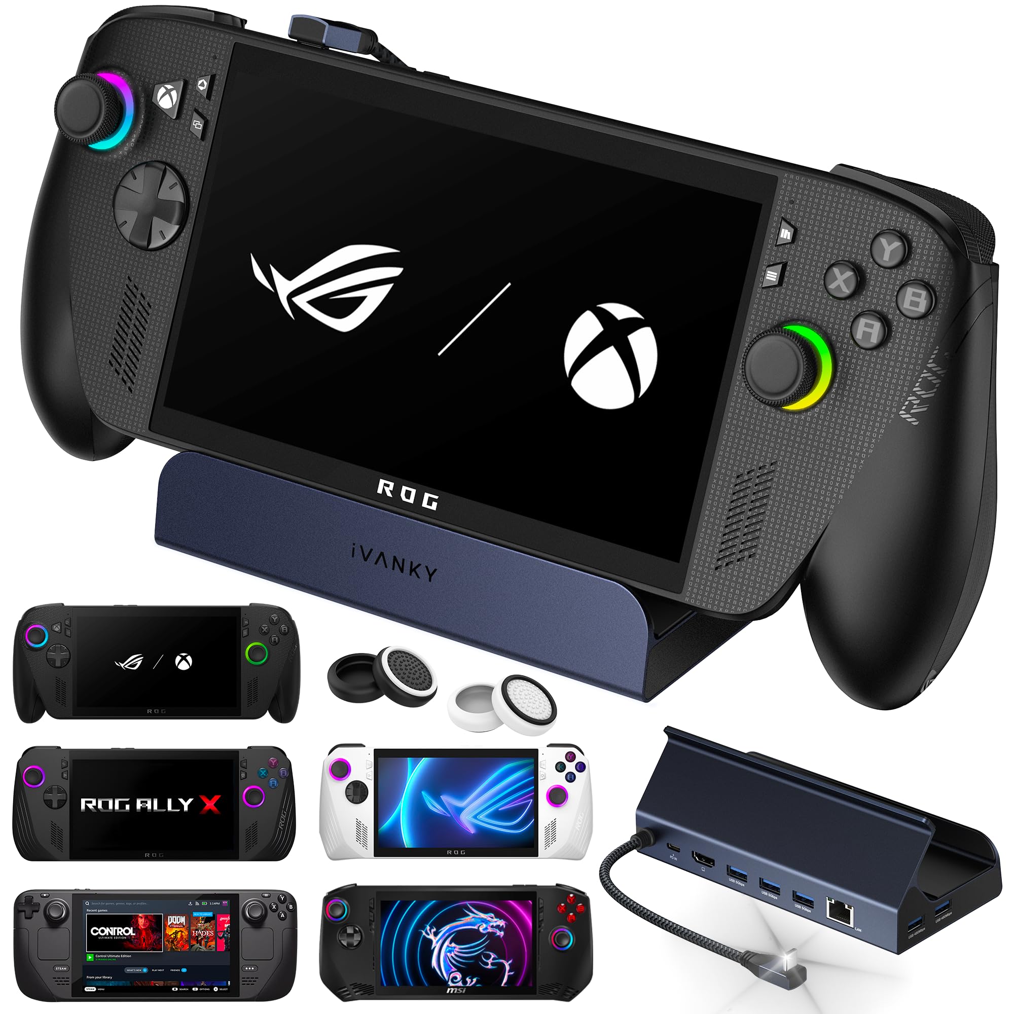 iVANKY Actualizado Estación 10 en 1 para ROG Xbox Ally X (2025)/Steam Deck OLED/ASUS ROG Ally X, Base 4K a 144 Hz para Legion GoS, HDMI 2.1, Ethernet de 1 Gbps, 5 Puertos USB-A 3.0, Carga de 100 W