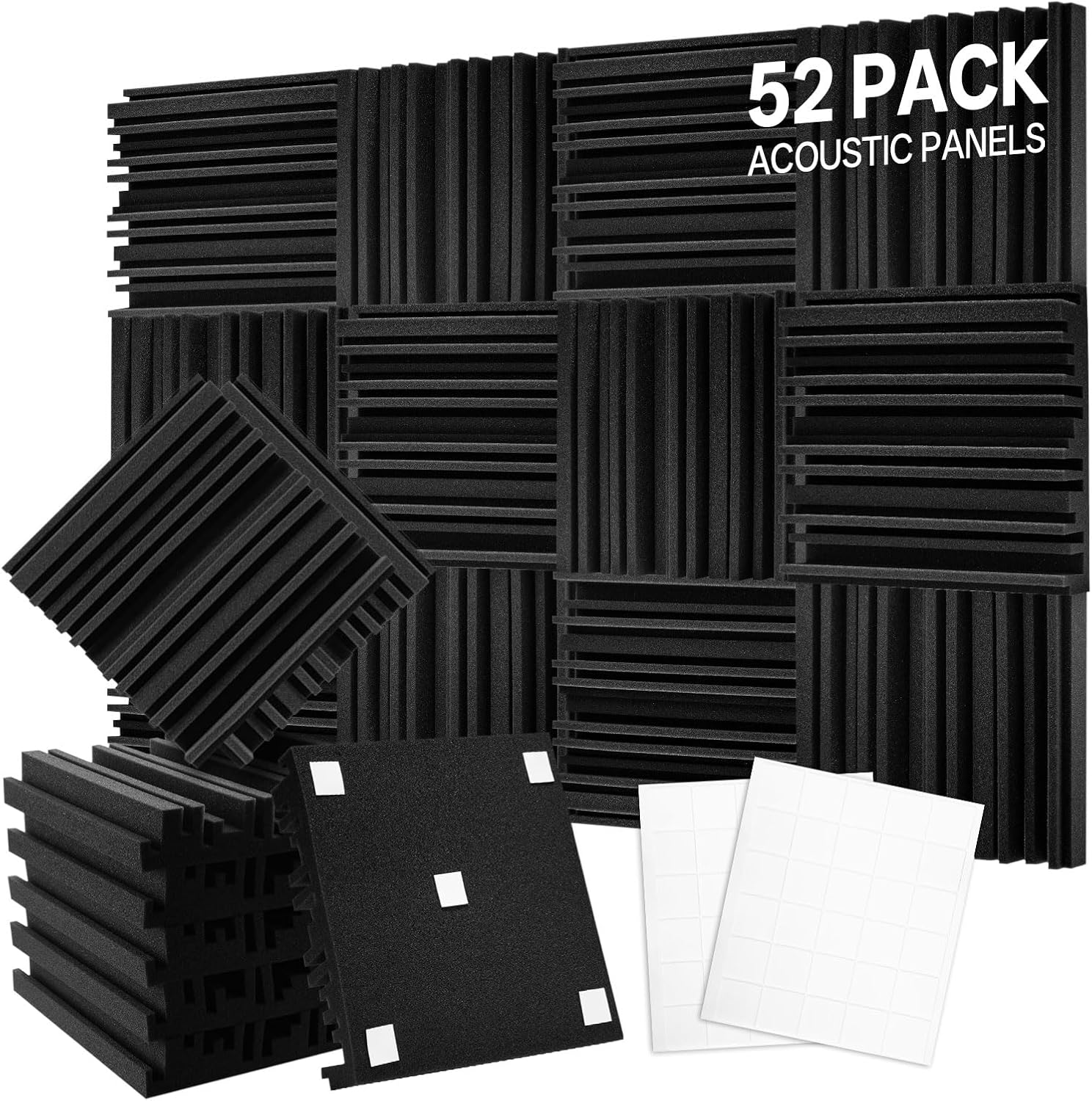 VallisCo 52 Pack Upgraded Acoustic Panels 2 X 12 X 12 Inch - Acoustic Foam Panels for Soundproofing, Noise Reduction, Soundproof Panels for Studios, Offices, and Home Theaters(2 x 12 x 12Inches)