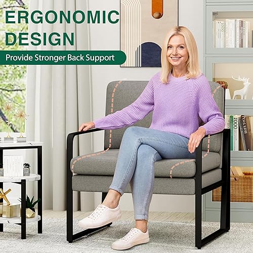Miniatura 4 de ALISH Sillas decorativas modernas, sillas tapizadas para sala de estar, sillas de lino con brazos para sala de estar con marco de metal (gris