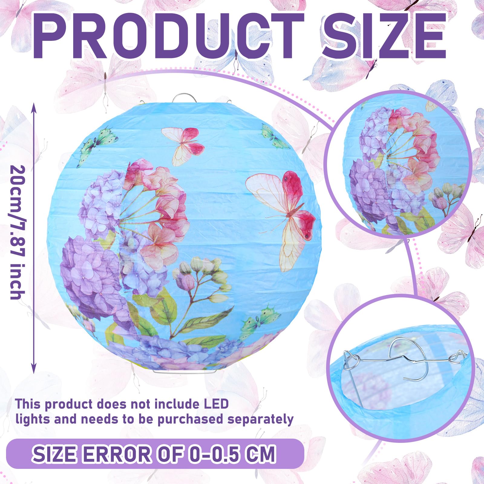 Panelee 12 Pcs Butterfly Floral Paper Lanterns Party Decorations 8 Inches Hanging Round Pink Purple Flower Paper Lanterns for Summer Tea Party Baby Shower Wedding Bridal Ceiling Decor Supplies