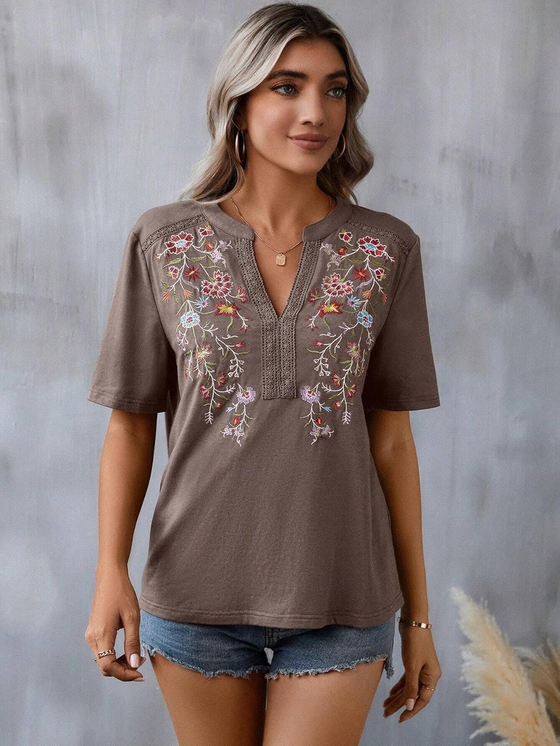Mexican Shirts for Women Embroidered Tops Traditional Summer Blouse Floral Tunic V Neck Short Sleeve T Shirt - Image 2