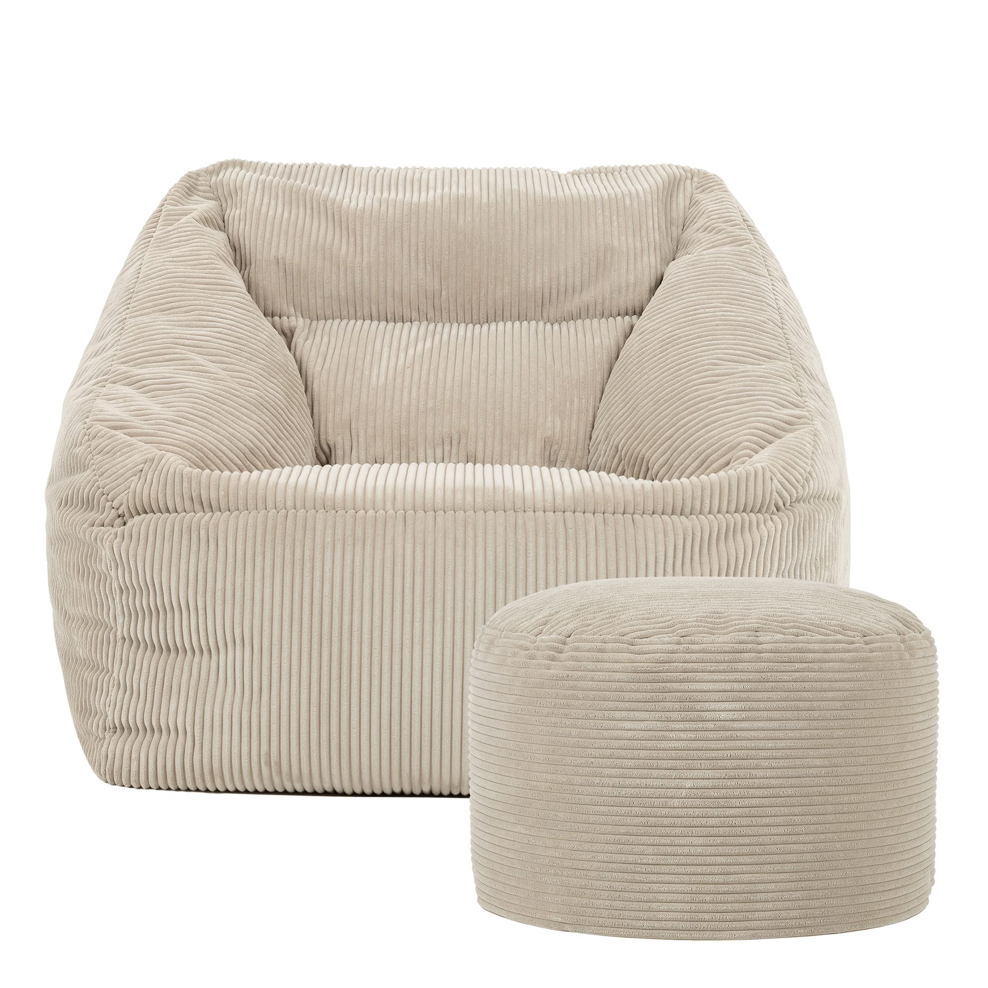 Giant Cord Armchair Bean Bag with Round Footstool - Natural