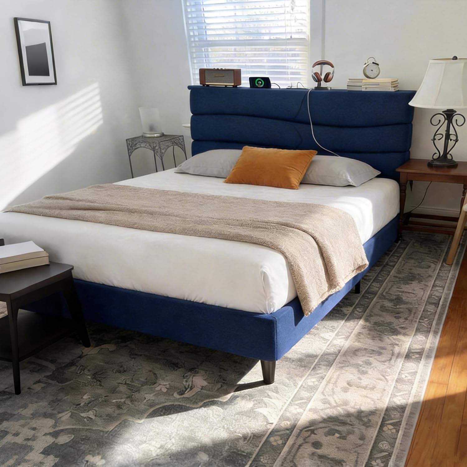 EnHomee Twin Size Bed Frame, Upholstered Bed Frame Twin Size with Charging Stations, Storage Headboard Adjustable, Bedroom, Apartment, Dorm, Noise-Free, No Box Springs Needed,Navy Blue