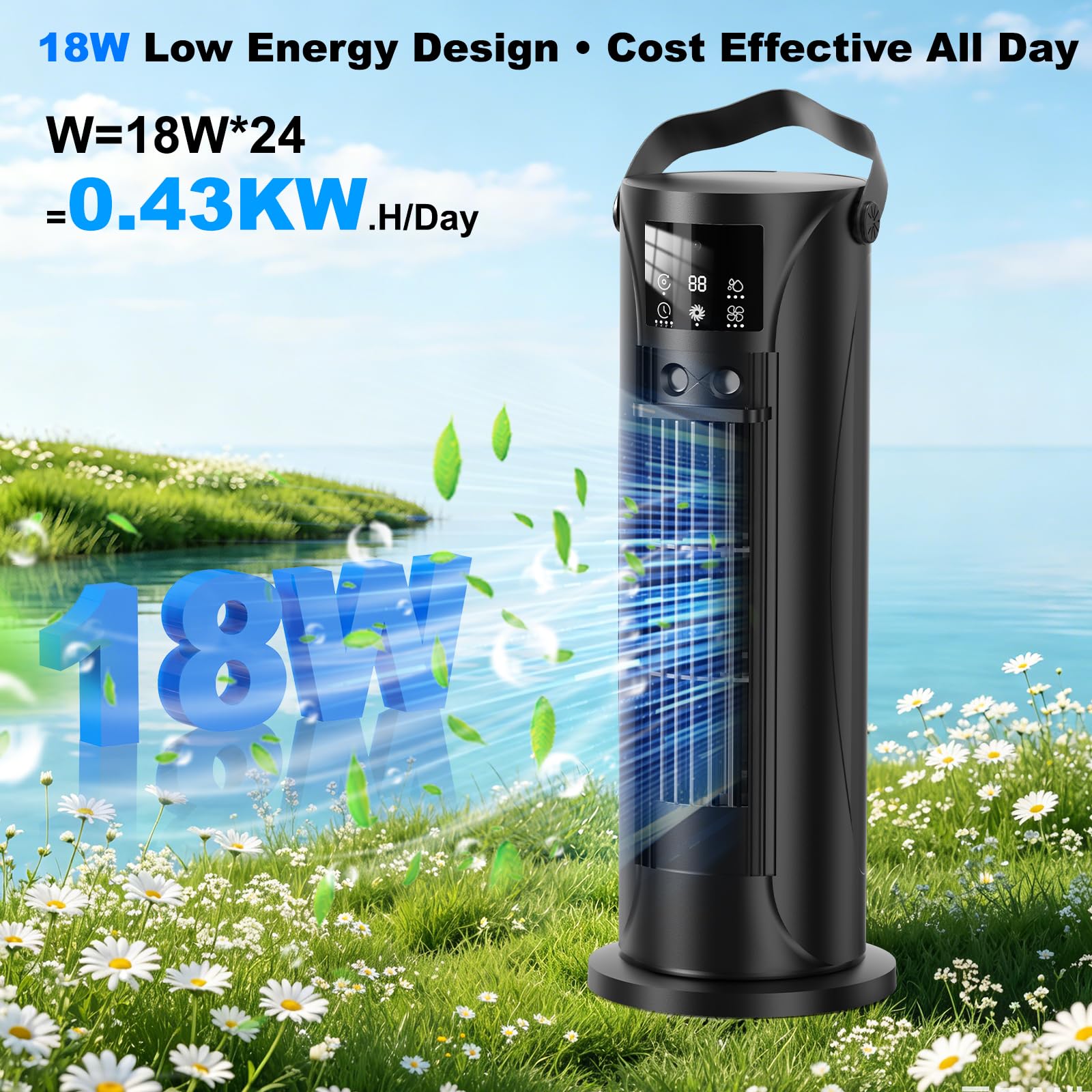 Climatiseur Mobile 4 en 1 Silencieux 28dB, Rafraîchisseur d’Air Mode Tempête, Oscillation 120°, 4 Vitesses Vent Naturel 3D Sommeil, 2 Brumisations, Minuterie 8H pour Chambre Bureau（Noir）