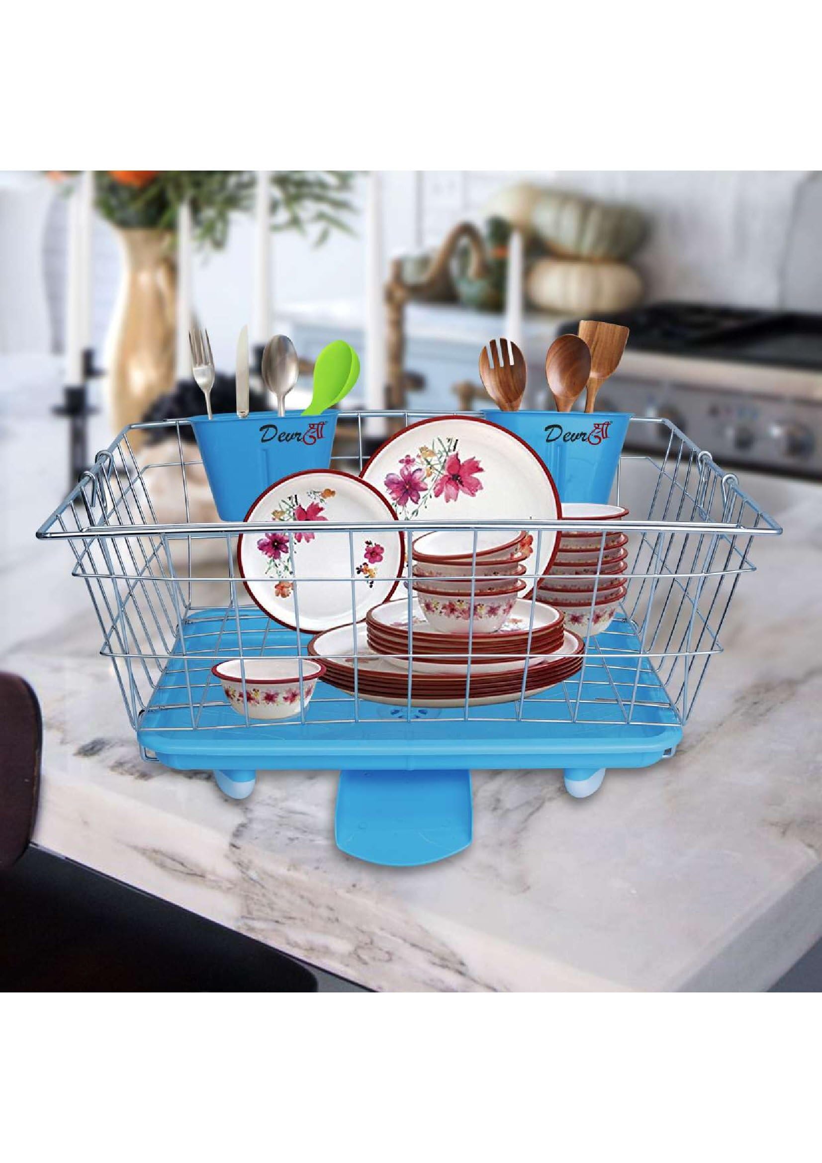 DEVRSHREE Stainless Steel Dish Drainer with Automatic Water Drain Tray, 46 cm Utensils Basket, Dish Rack with Tray and Spoon Holder