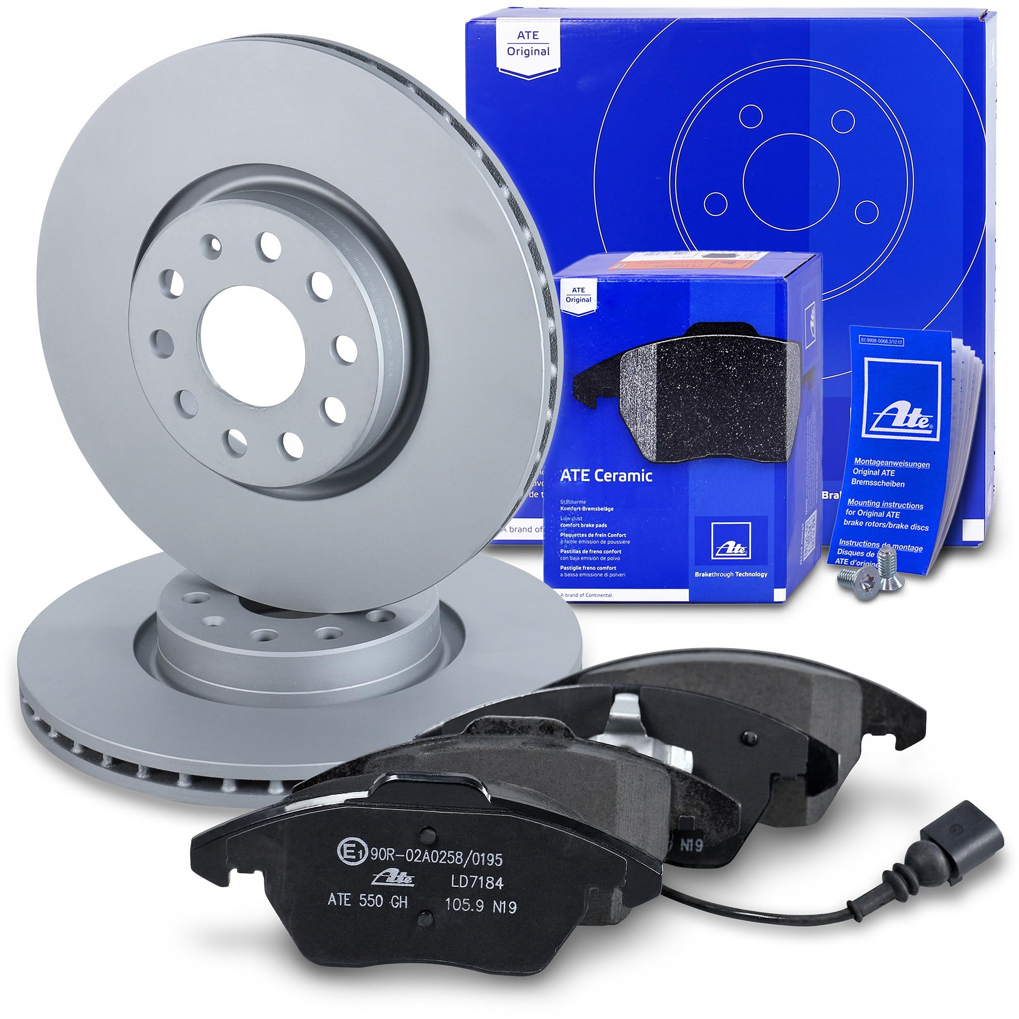 ATE Bremsenset Vorderachse inkl. Bremsscheiben vorne Ø 312 mm belüftet und Ceramic Bremsbeläge vorne + Verschleißkontakt Kompatibel mit AUDI, SEAT, SKODA, VW BEETLE, CADDY, GOLF, JETTA, PASSAT