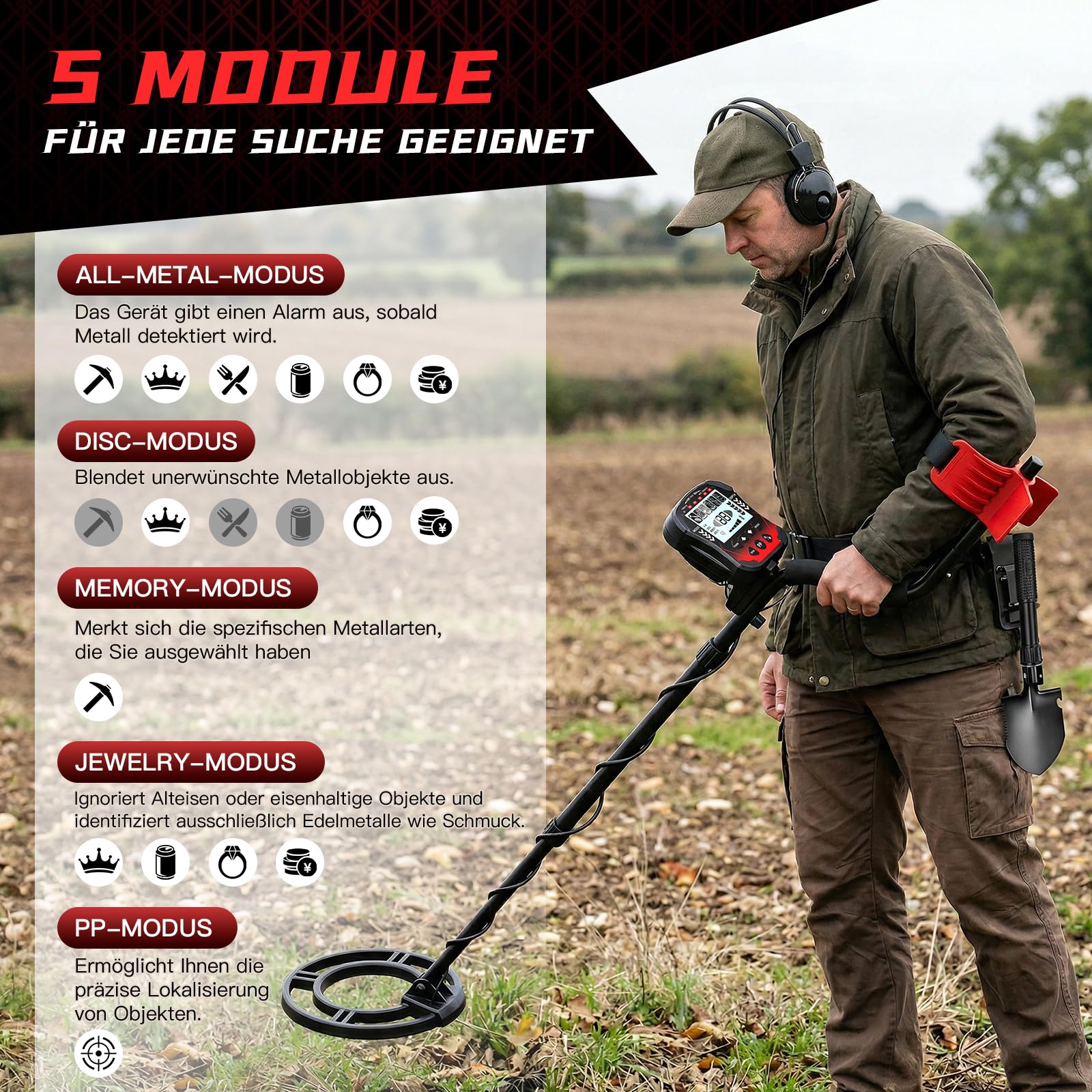 Detecteur de Metaux Professionnel,5 modes de détection disque de recherche étanche IP68 de 10 pouces, tige réglable de 42,1" à 52" avec écran LCD rétroéclairé convient aux adultes et aux enfants-Rouge