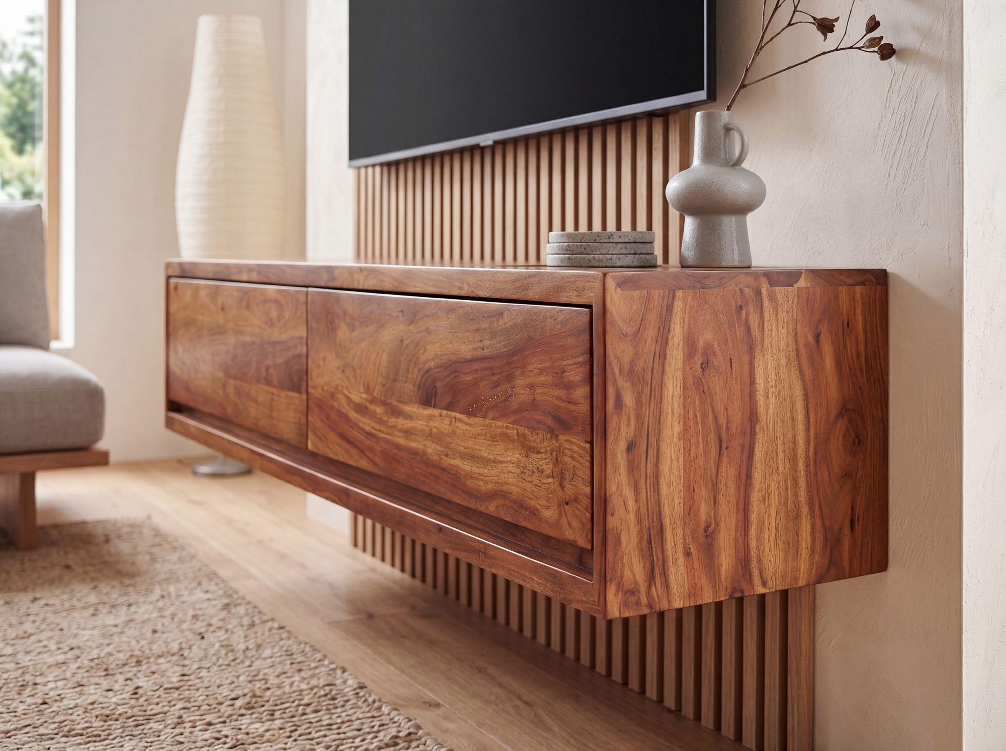 FineBuy Mueble TV Lowboard Colgante Mango Madera Maciza 108x25x34 cm Marrón | Soporte de TV de Diseño Moderno | Mueble de televisión de Pared