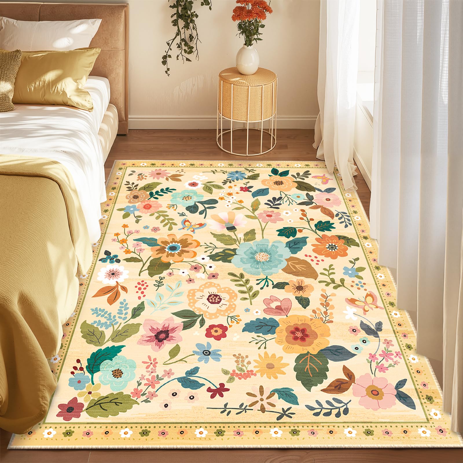 RELEANY Floral Nursery 3x5 Area Rugs Machine Washable Soft Print Boho Carpet Non Slip Flower Doormat Low Pile for Living Room Kids Girls Room Bedroom