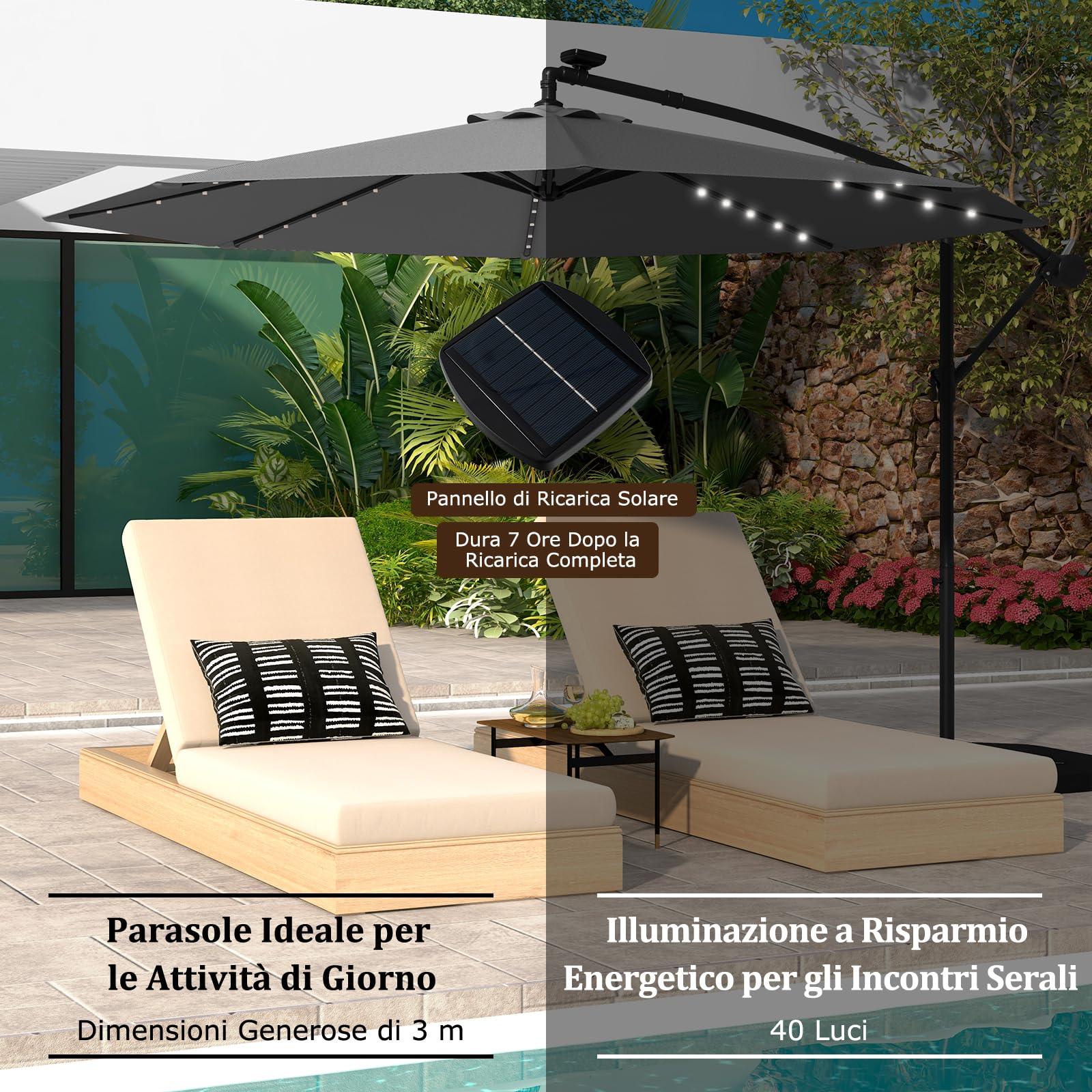 Ombrellone Da Giardino In Metallo Con Luci Solari LED – Parasole Rettangolare 270 Cm, Inclinabile E Con Manovella