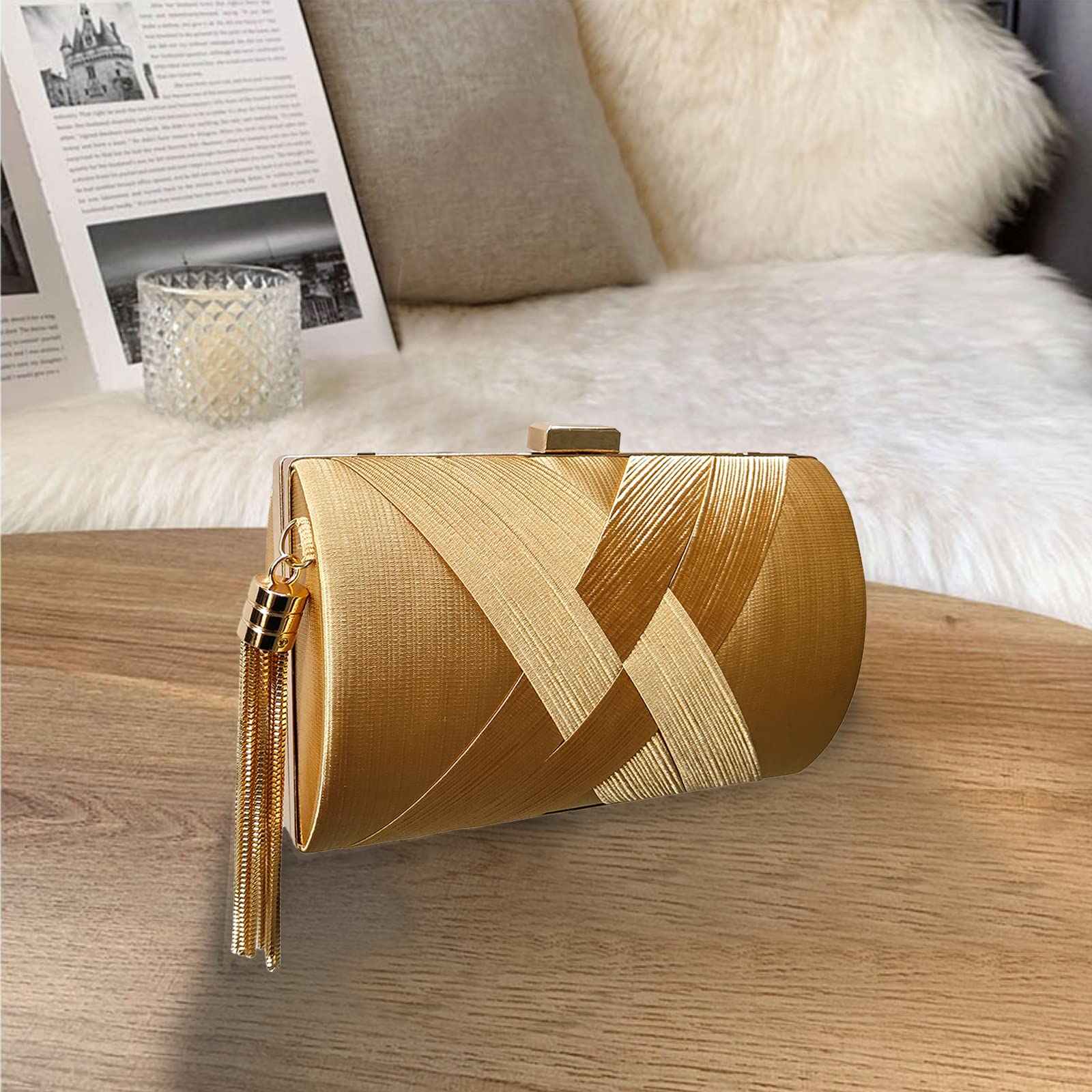 CORIOS Sac de Soirée Femme Frangé Embrayage Sacs à Main D'épaule de Mariée Élégant Sacs Fourre-Tout Ceremonie Mariage Fête Cocktail Pochette Portefeuille Or