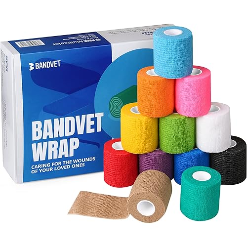 BANDVET WRAP Self Adhesive Bandage Wrap - Pack of 12 Assorted Colors, Non-Woven, Breathable & Water-Resistant Vet Wrap for First Aid, Sports Injury, Body Sprains, & Pets (2 Inch Multicolor - 12 Pack)