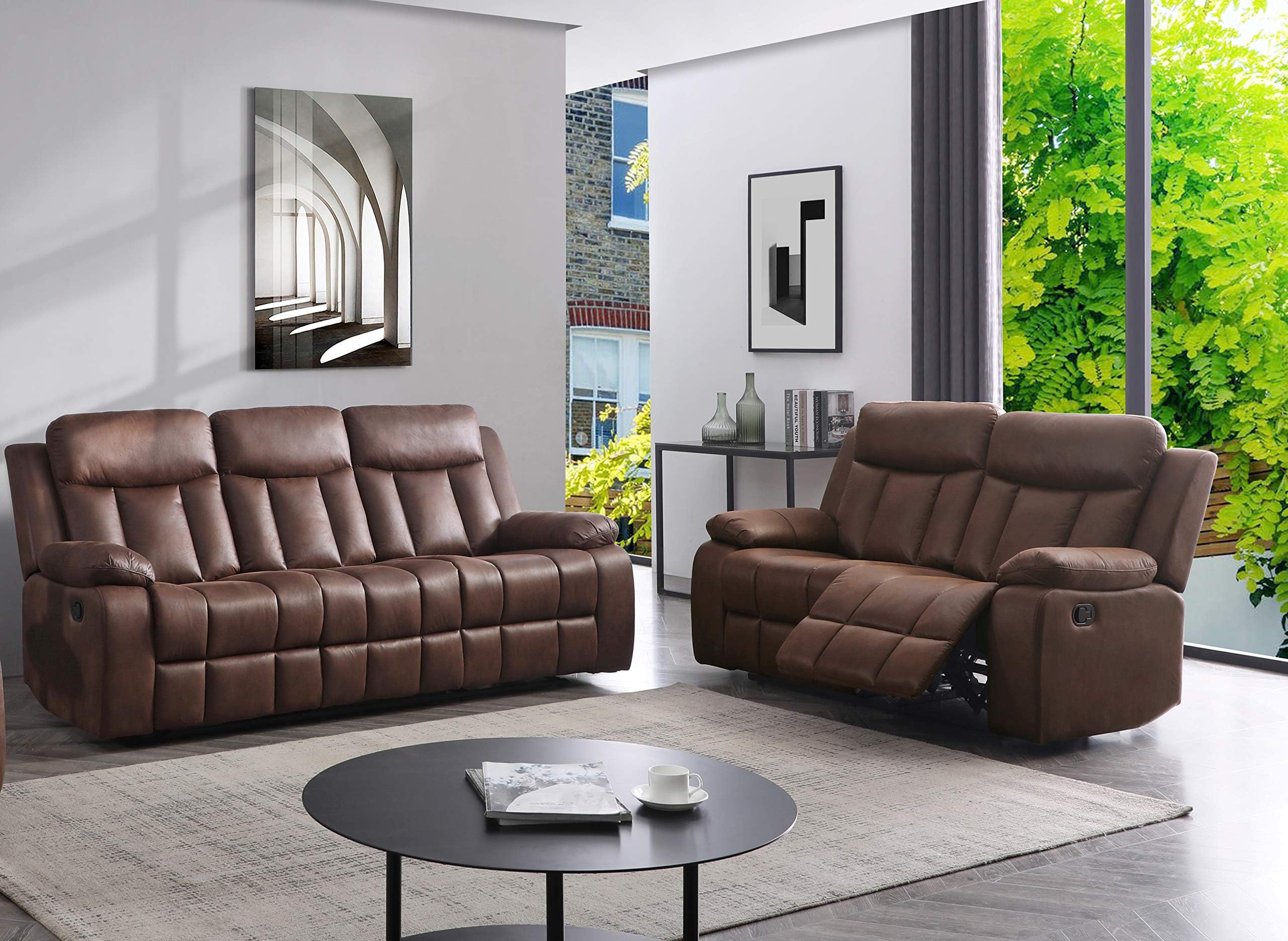 New Microfiber Fabric Recliner Set Living Room Set in Brown, Sofa Loveseat Chair Pillow Top Backrest and Armrests 8028 (Living Room Set 3+2)