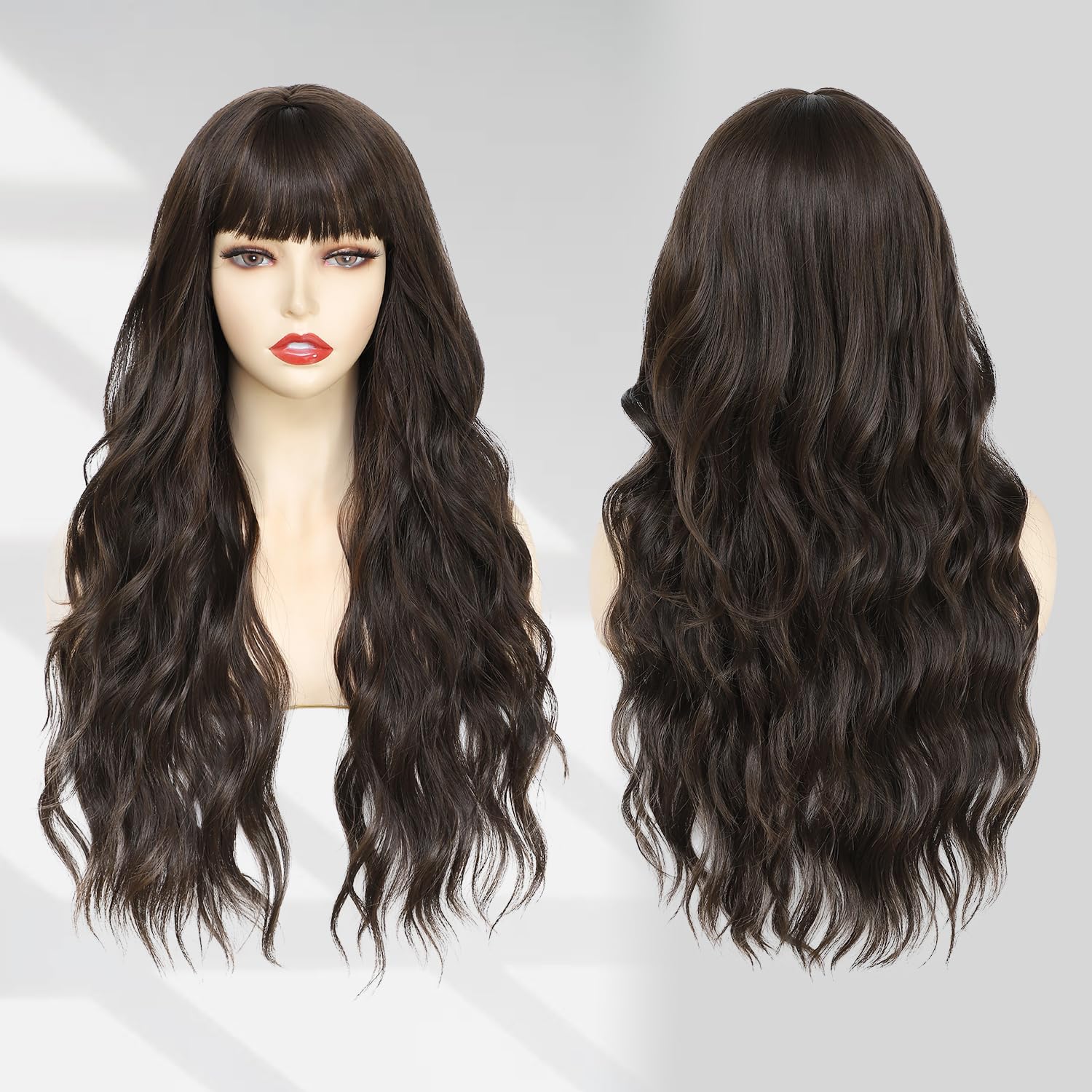 Lovenia-Long Dark Brown Wig with Bangs for Women 26" Long Body Wave Wig for Women Dark Brown Curly Hair Brunette Wig with Bangs Middle Part Hair Replacement Wig Synthetic Heat Resistant Fiber