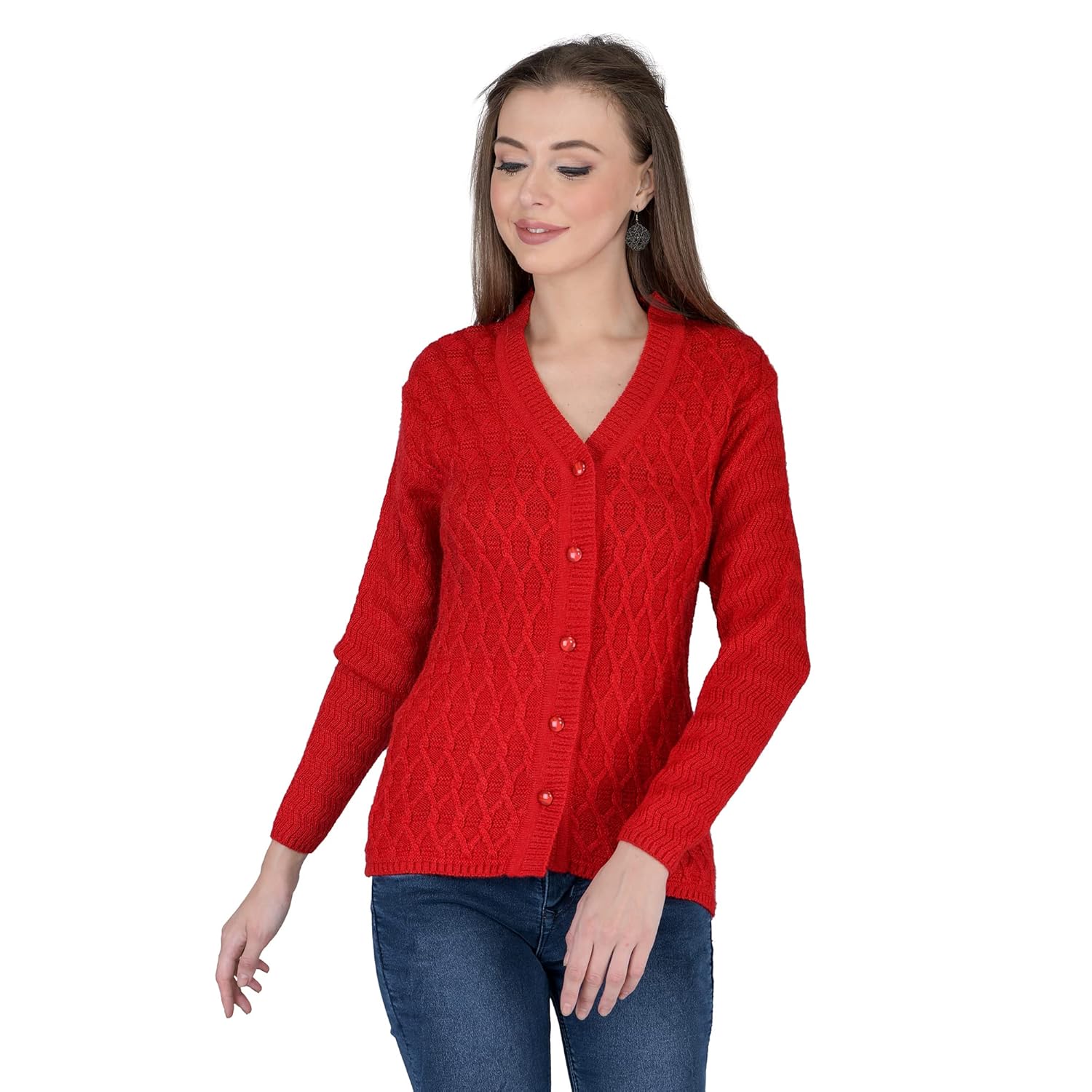 Women’s Woolen V-Neck Self Design Cardigan – Heavy Rainbow Fabric Winter Wear Pure Wool Long Cotty Fully Warm Free Size (XS, Red)