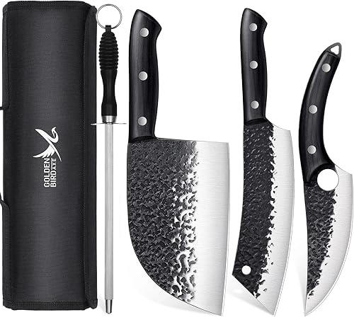 Miniatura 7 de Golden Bird Juego de cuchillos de carnicero – Juego de 13 cuchillos de chef forjados a mano para cocina, juegos de cuchillos japoneses afilados para