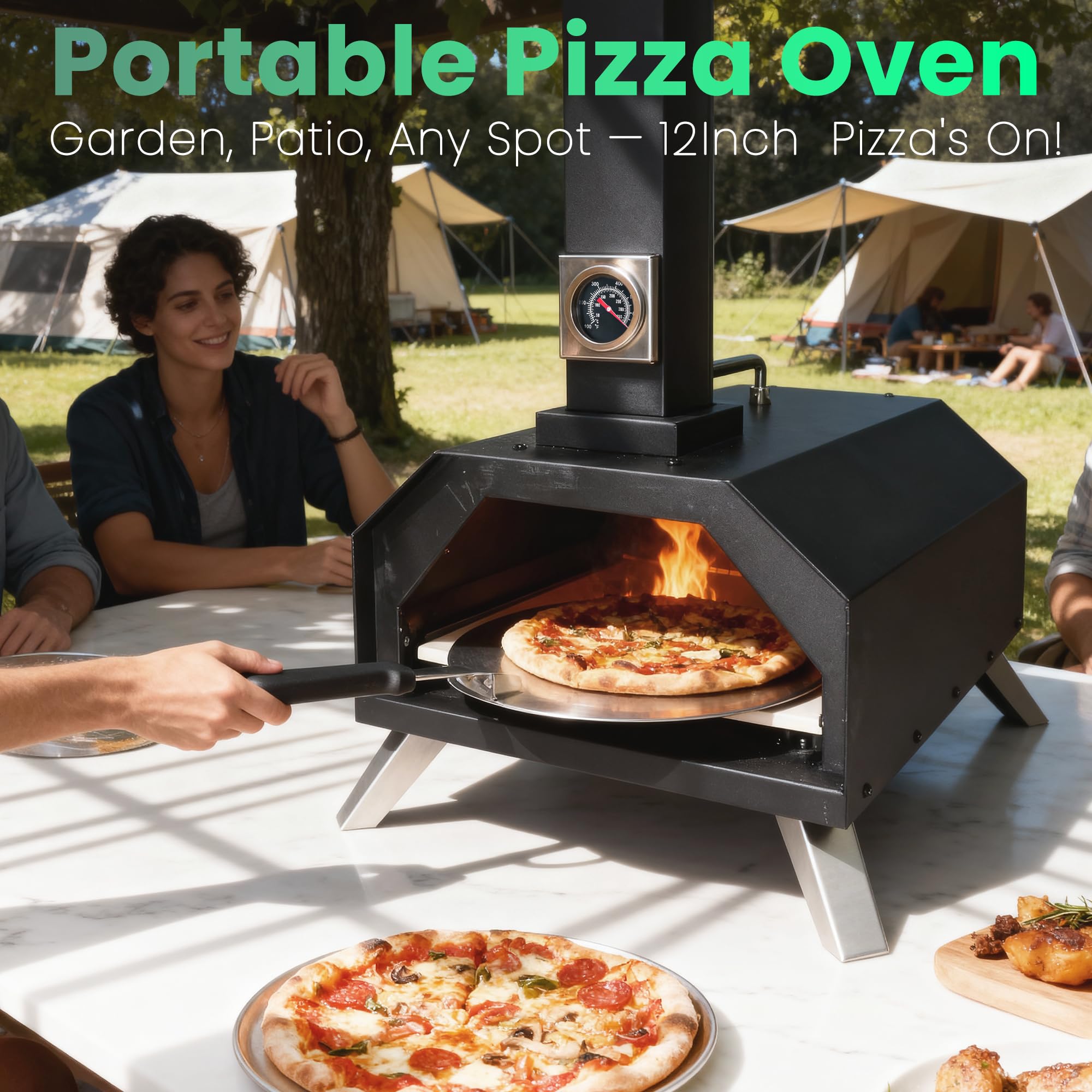 Forno per pizza a pellet di legno pieghevole portatile, 28cm | per uso esterno, termometro integrato e pietra quadrata per pizza, ideale per campeggio, cortile, patio, giardino e feste