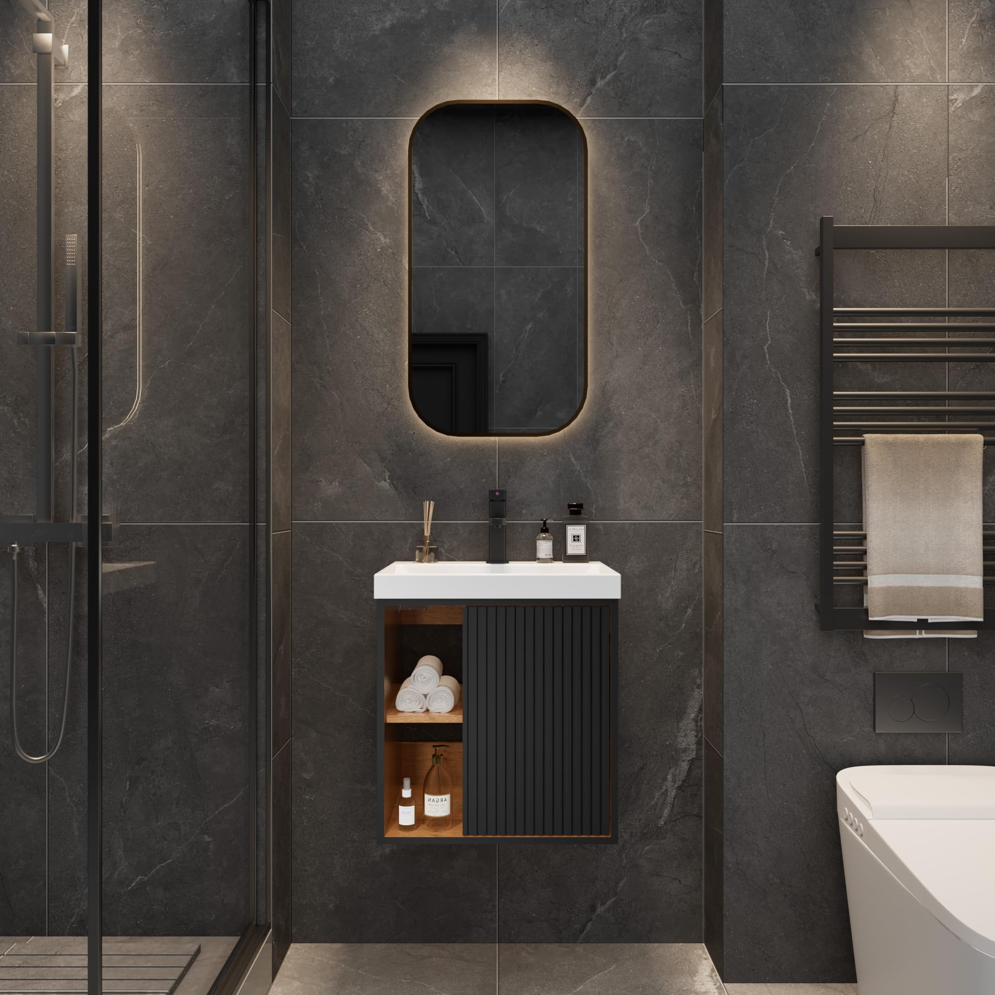 UEV Meuble Lave-Mains Suspendu avec Lavabo en Résine - Meuble de Salle de Bain Mural Gain de Place - Design Moderne à Lignes Verticales et Poignées Métalliques - Rangement Caché, 50x38x55cm, Noir