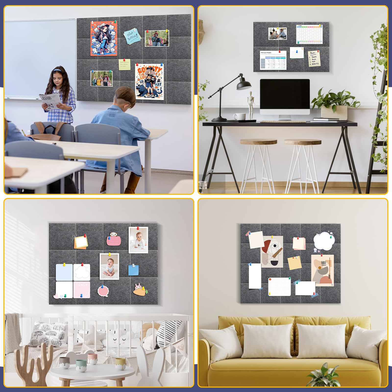 Cork Boards for Walls 48" x60”, 20 Pack Grey Bulletin Board, Reusable Felt Wall Tiles with 105 Pins and Non-Marking Adhesives, Cork Board for Office Pin Board