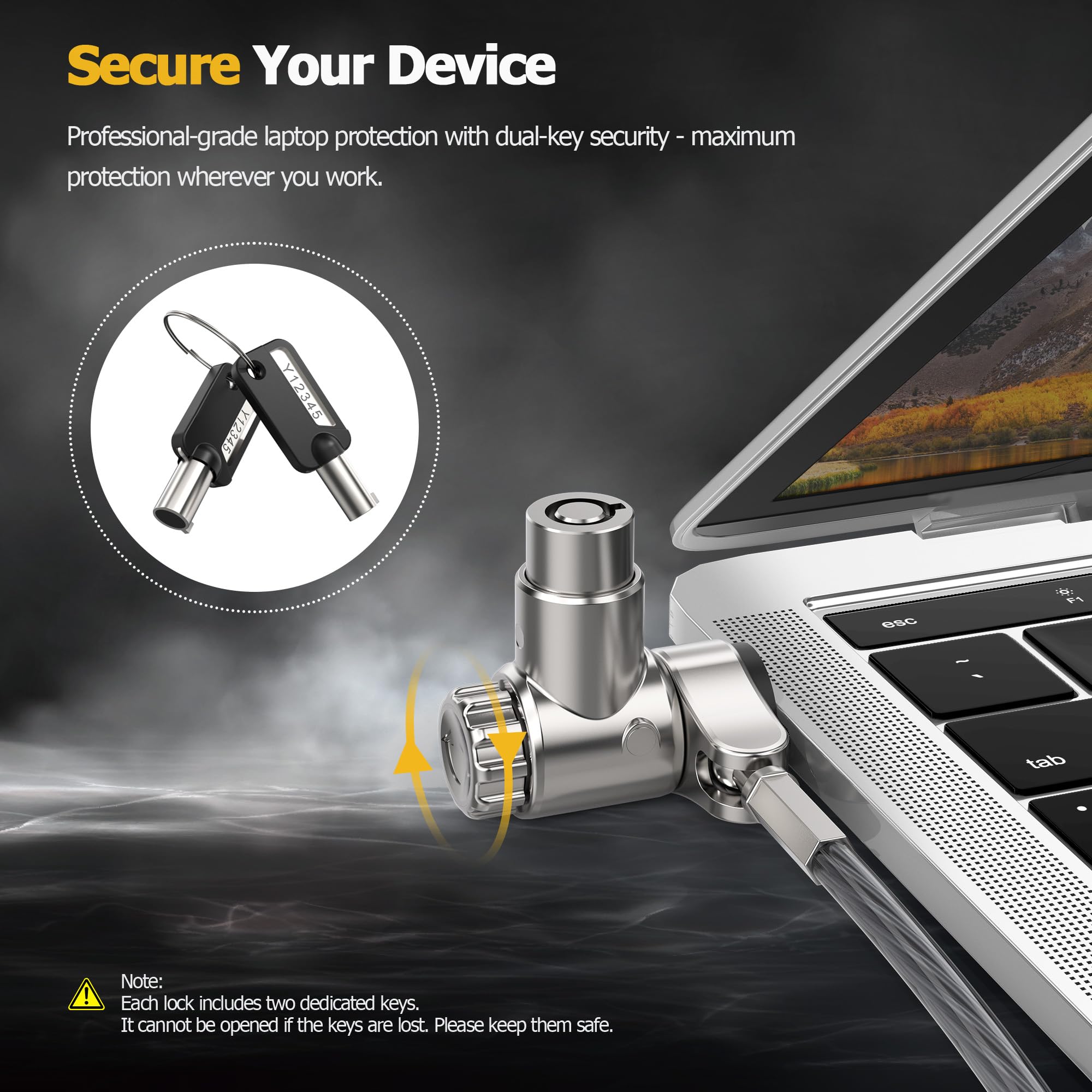 AboveTEK Candado para Ordenadores Portátiles: Cable de Seguridad 3 en 1 de 2m para Escritorio, Sistema Universal Antirrobo con 2 Llaves para Portátiles, Compatible con K-Slot, Nano y Wedge Slot