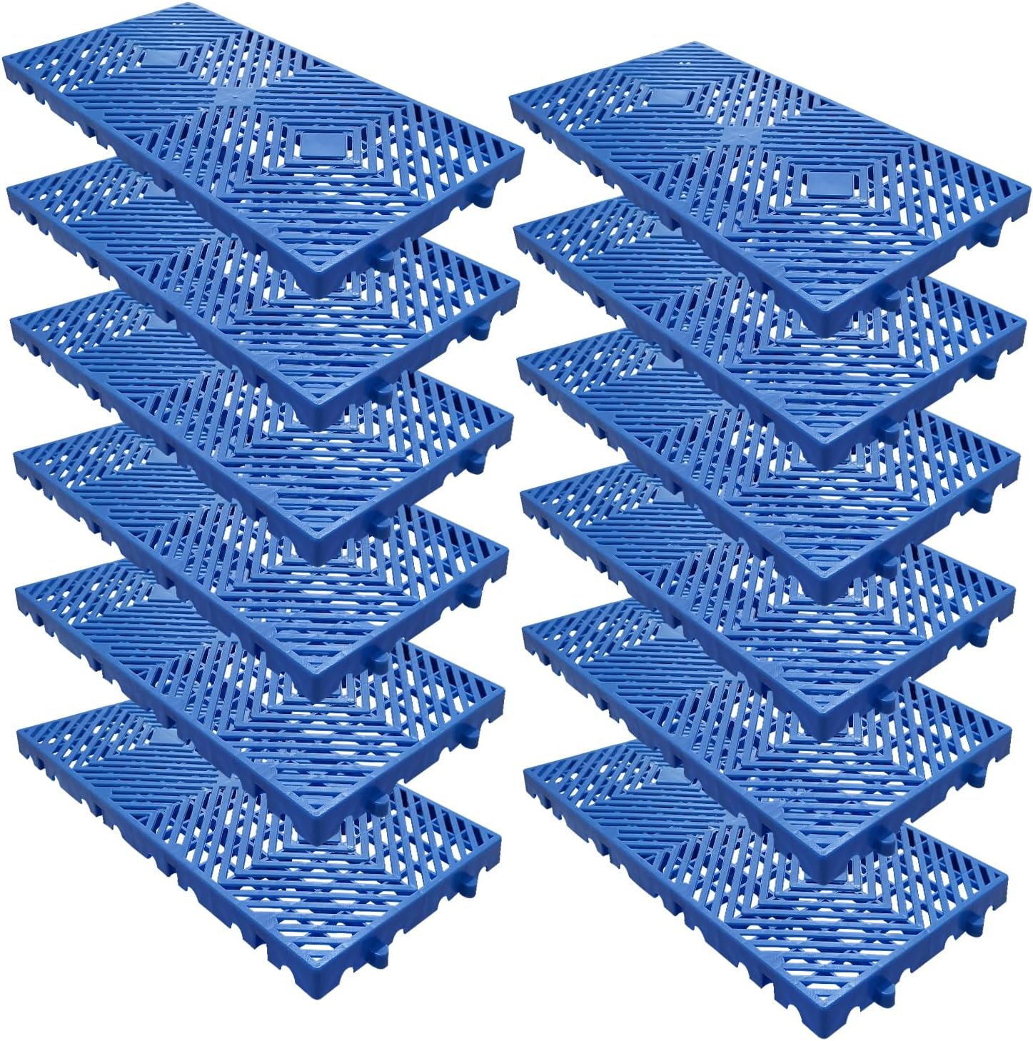 12Pack Interlocking Plastic Pallets, 11.8"x23.6" Lightweight Drainage Deck Tiles, Waterproof & Breathable Grid Storage Pads for Basement, Garage, Indoor Outdoor Use