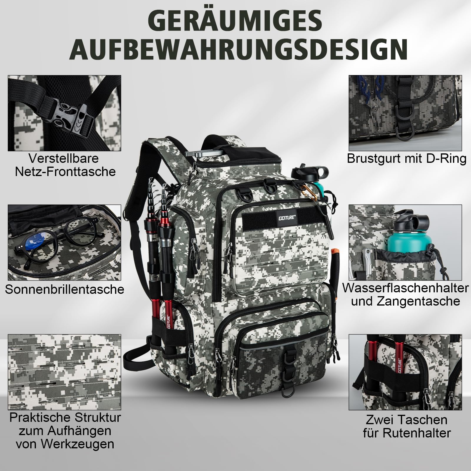 Goture Mochila de pesca de 45 litros con dos soportes para cañas y protector de lluvia, tela Oxford 600D, bolsa impermeable para aparejos de pesca con compartimento ajustable, Estilo A: Motif