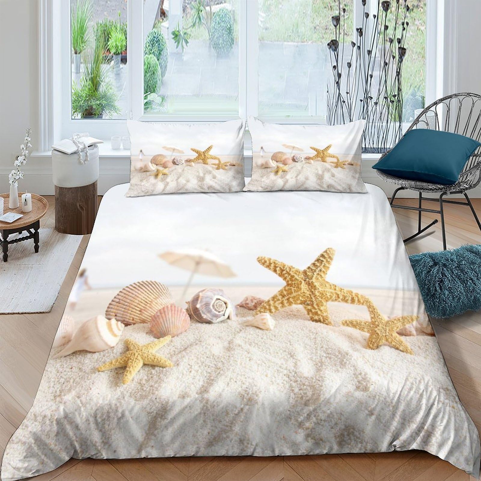 Ctjqhvkz Style-6 3D Printed Starfish Seashell Fitted Sheet Microfiber Soft Anti-Slip Bed Cover Beach Decor Bedroom Dorm Single（135X200cm）