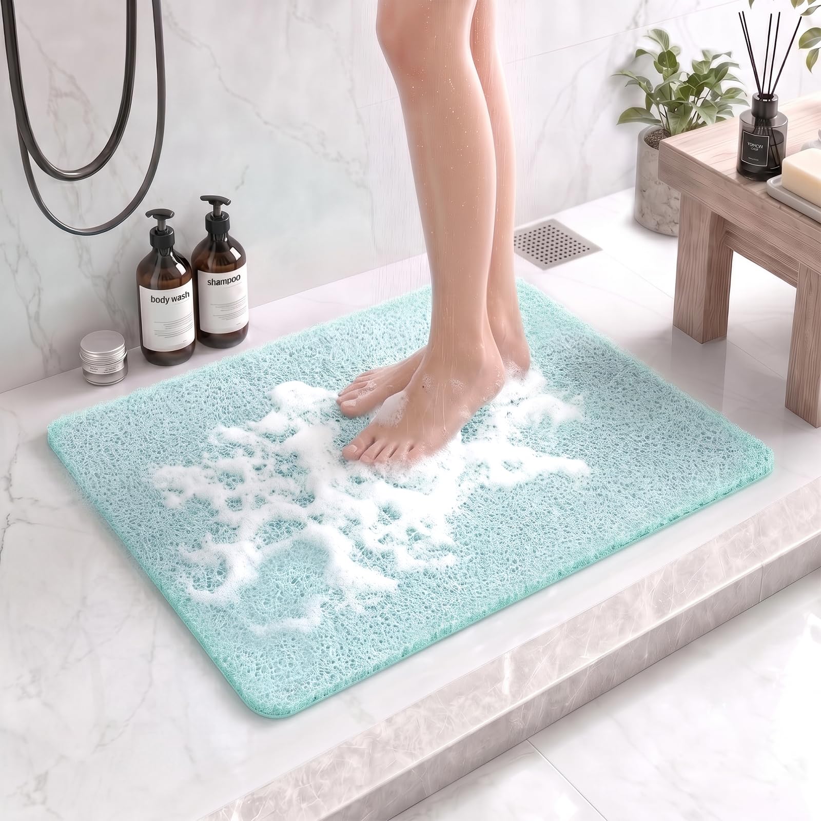 BLESWIN Loofah Shower Mat Non Slip Bath Mat PVC, Shower Floor 40x60cm Green