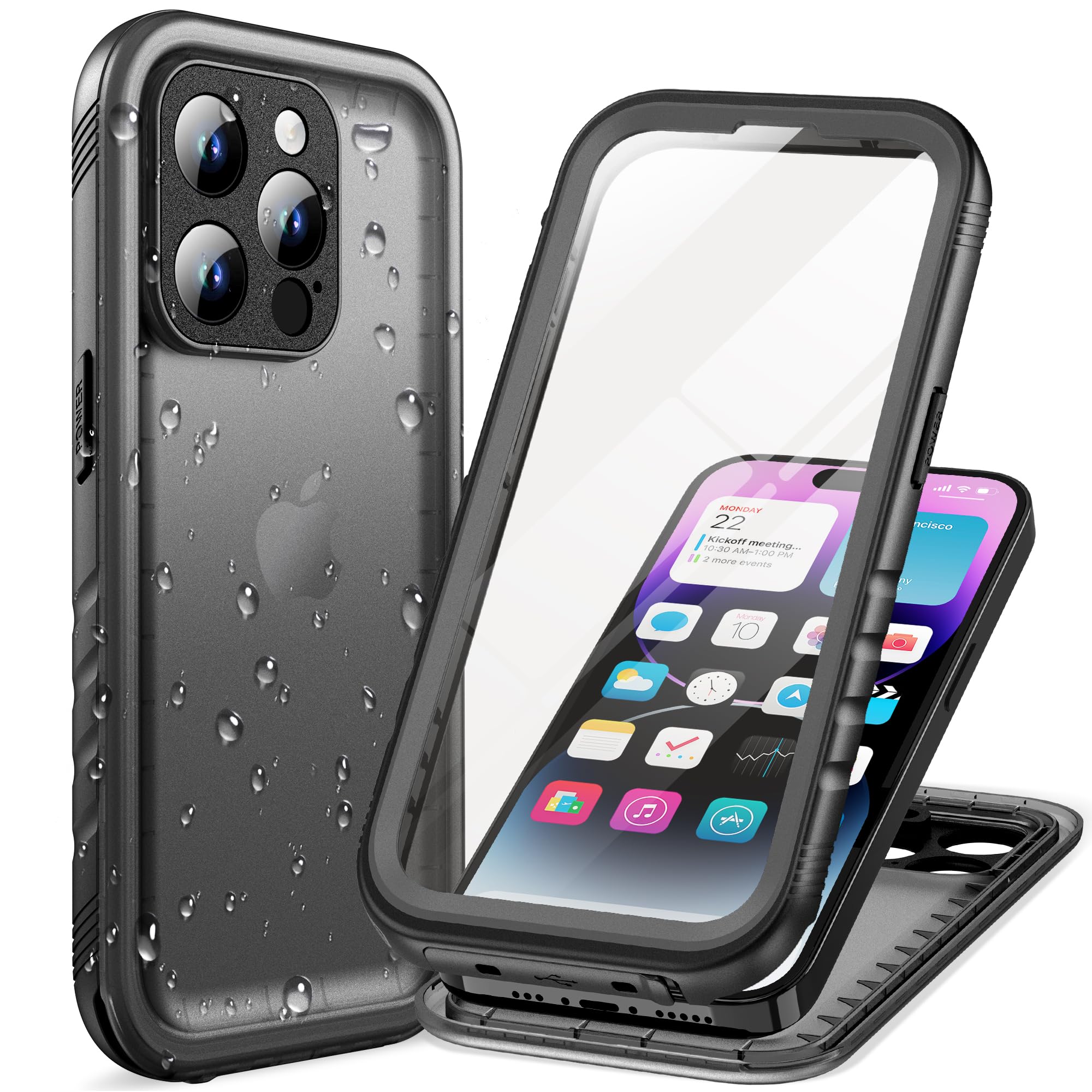 Cozycase Custodia Per iPhone 14 Pro Max Impermeabile - 360 Gradi Militare Rigida Armor (2m Anticaduta/Antiurto), Subacquea, Antipolvere con Protezione/Copri Fotocamera/Schermo -Nero