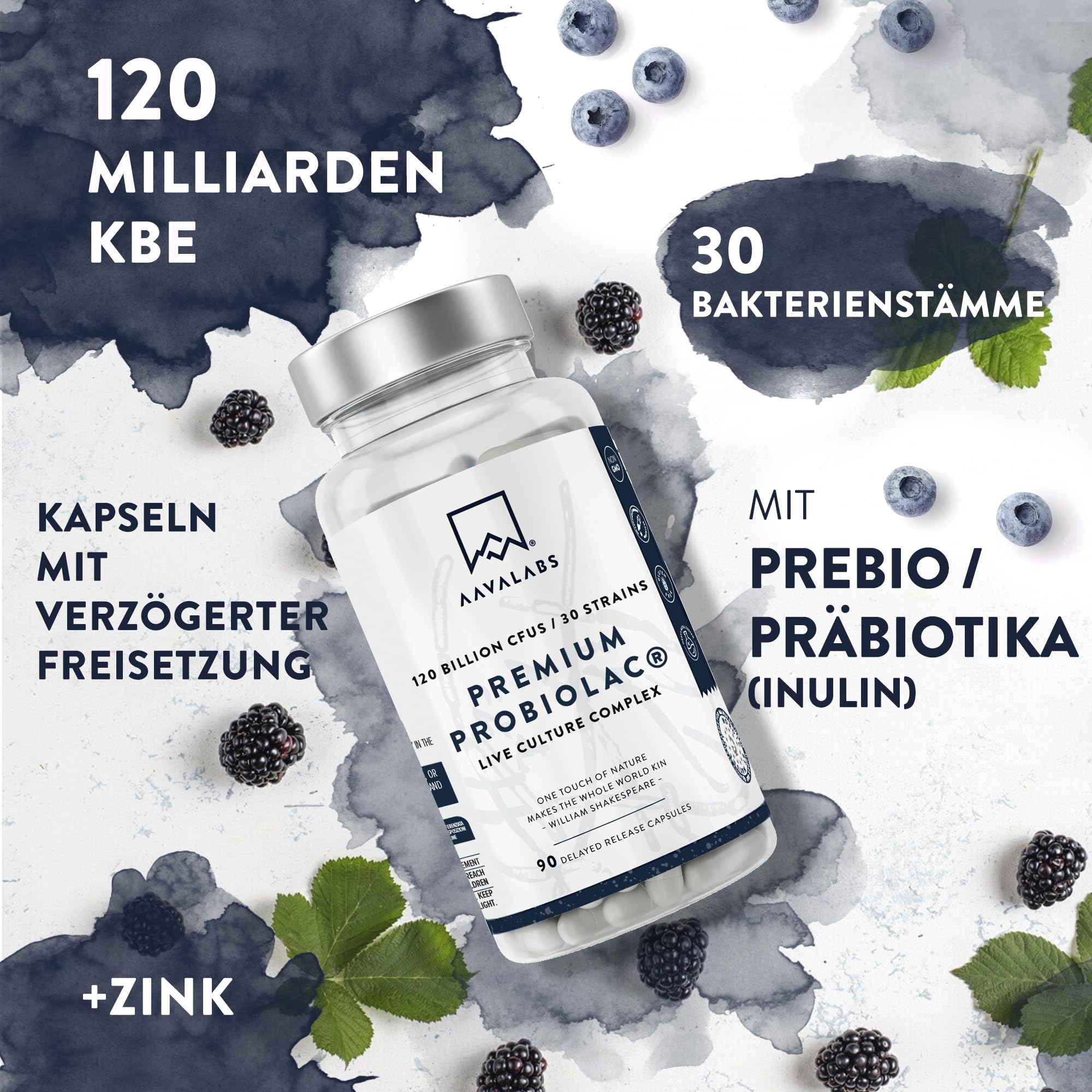 Premium Kulturen Komplex Darmflora 120MrdKBE, 30 Stämme Darmbakterien Probiotika: Lactobacillus Gasseri, Lactobacillus Reuteri, Lactobacillus Rhamnosus + Zink - 90 Stück (Packung mit 2)