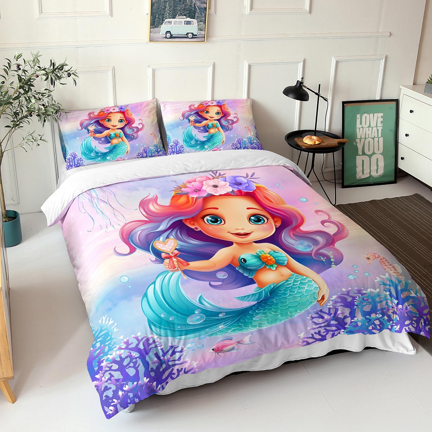 AILONEN Little Mermaids Duvet Cover Twin Size, Cute Cartoon Litted Mermaid Bedding Set for Girls Kids,Kawaii Marine Animals Theme Comforter Cover,1 Quilt Cover 2 Pillowcases 3 Piece,Soft Microfibre