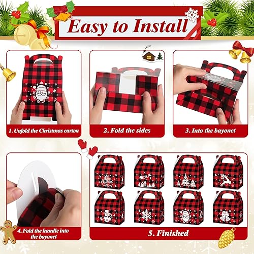 Miniatura 5 de TaoBary 24 cajas de galletas de Navidad, cajas de dulces a cuadros de Navidad con asas, cartón 3D, bolsa de regalo de Navidad con impresión vibrante
